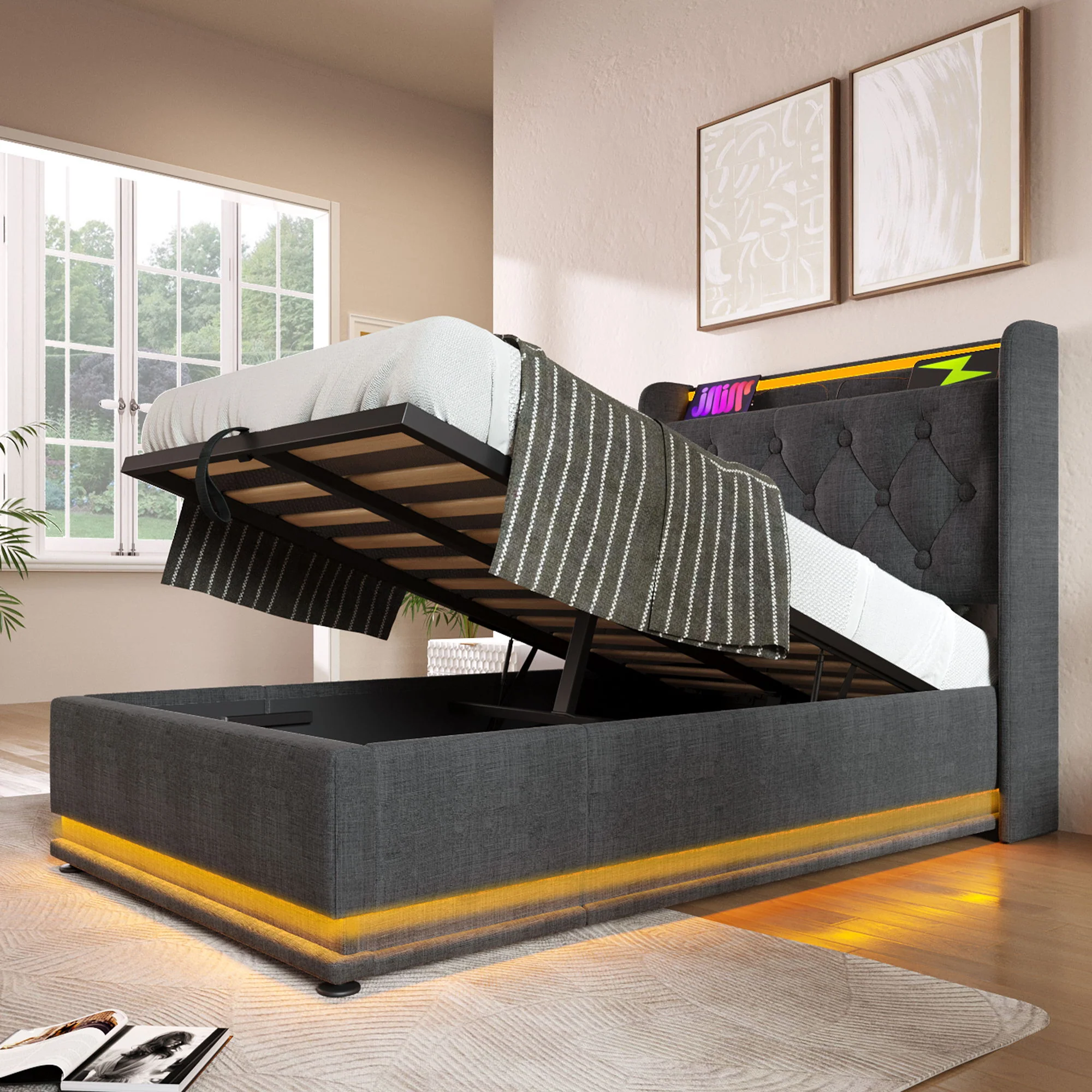 Upholstered Bed, 360 Surround LED Function, Remote Control, Hydraulic Storage Bed With USB, Type-C Charging (Without Mattress) - Image 104