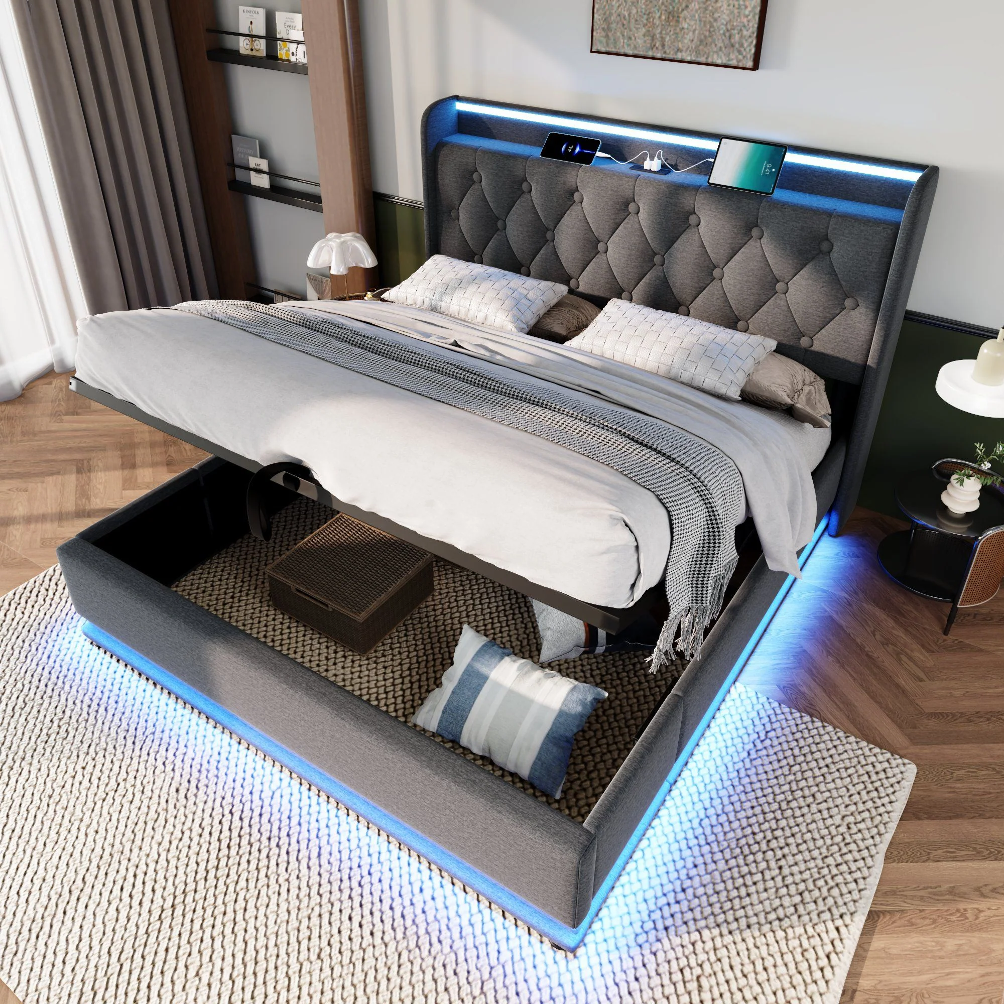 Upholstered Bed, 360 Surround LED Function, Remote Control, Hydraulic Storage Bed With USB, Type-C Charging (Without Mattress) - Image 106