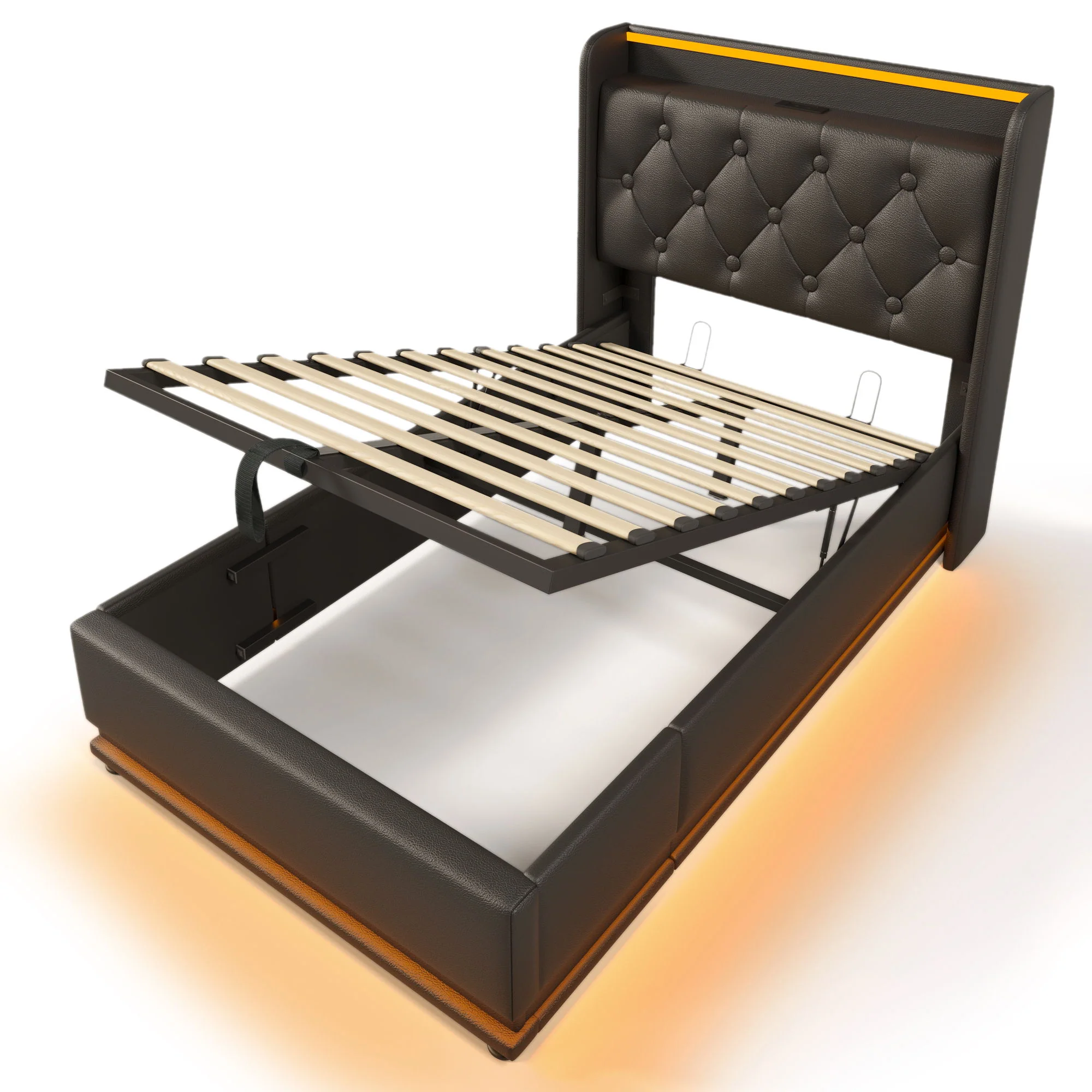Upholstered Bed, 360 Surround LED Function, Remote Control, Hydraulic Storage Bed With USB, Type-C Charging (Without Mattress) - Image 107