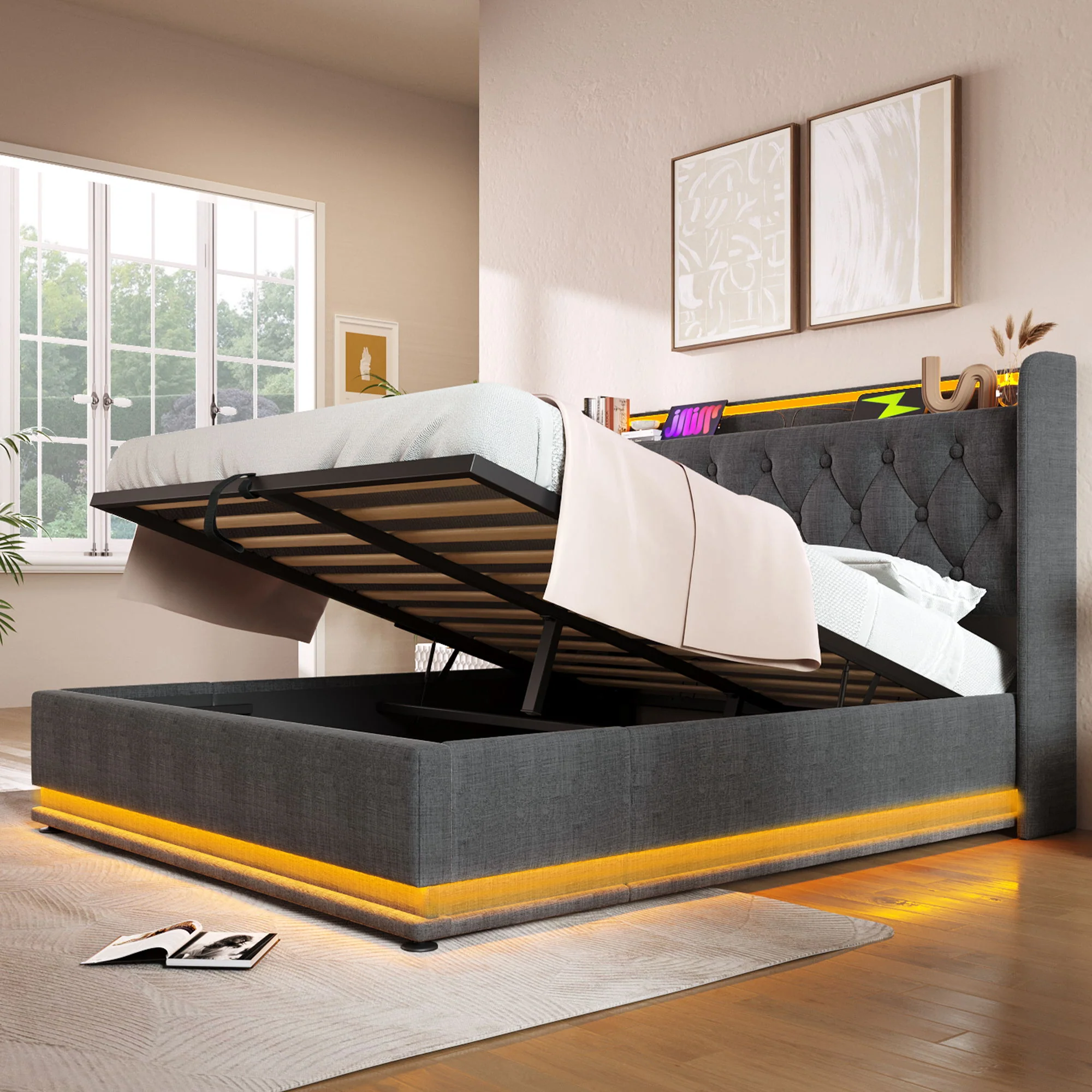 Upholstered Bed, 360 Surround LED Function, Remote Control, Hydraulic Storage Bed With USB, Type-C Charging (Without Mattress) - Image 109