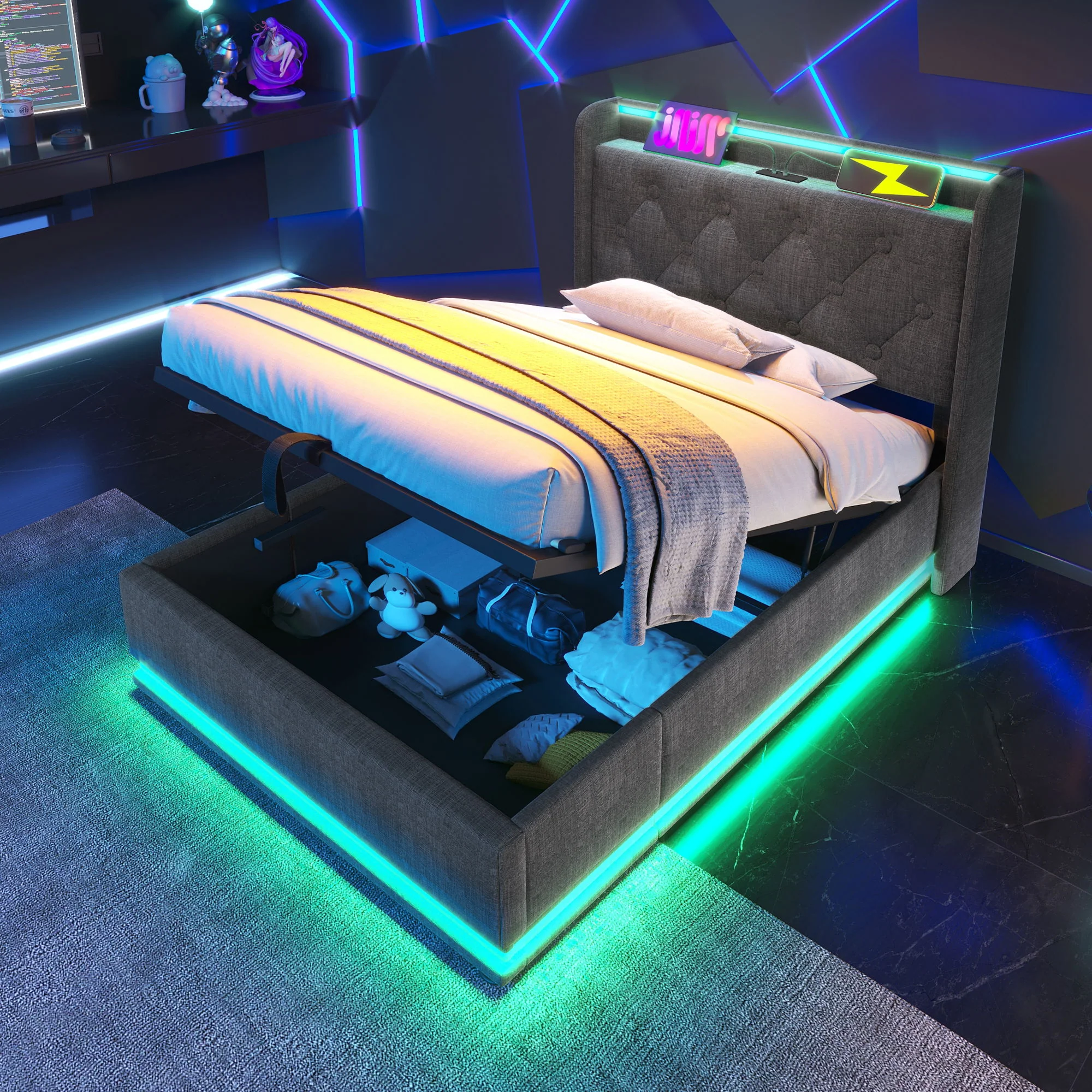 Upholstered Bed, 360 Surround LED Function, Remote Control, Hydraulic Storage Bed With USB, Type-C Charging (Without Mattress) - Image 111