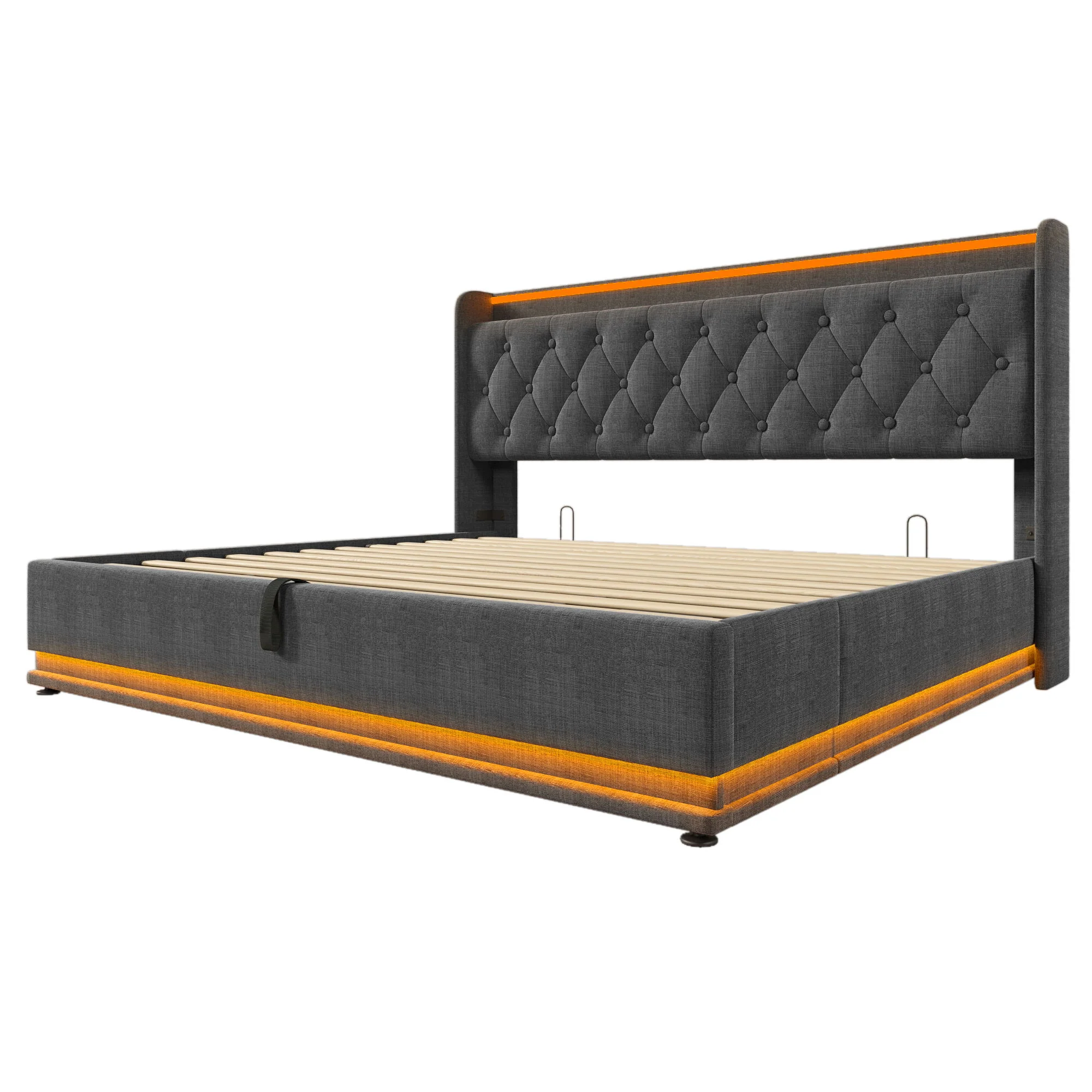 Upholstered Bed, 360 Surround LED Function, Remote Control, Hydraulic Storage Bed With USB, Type-C Charging (Without Mattress) - Image 113