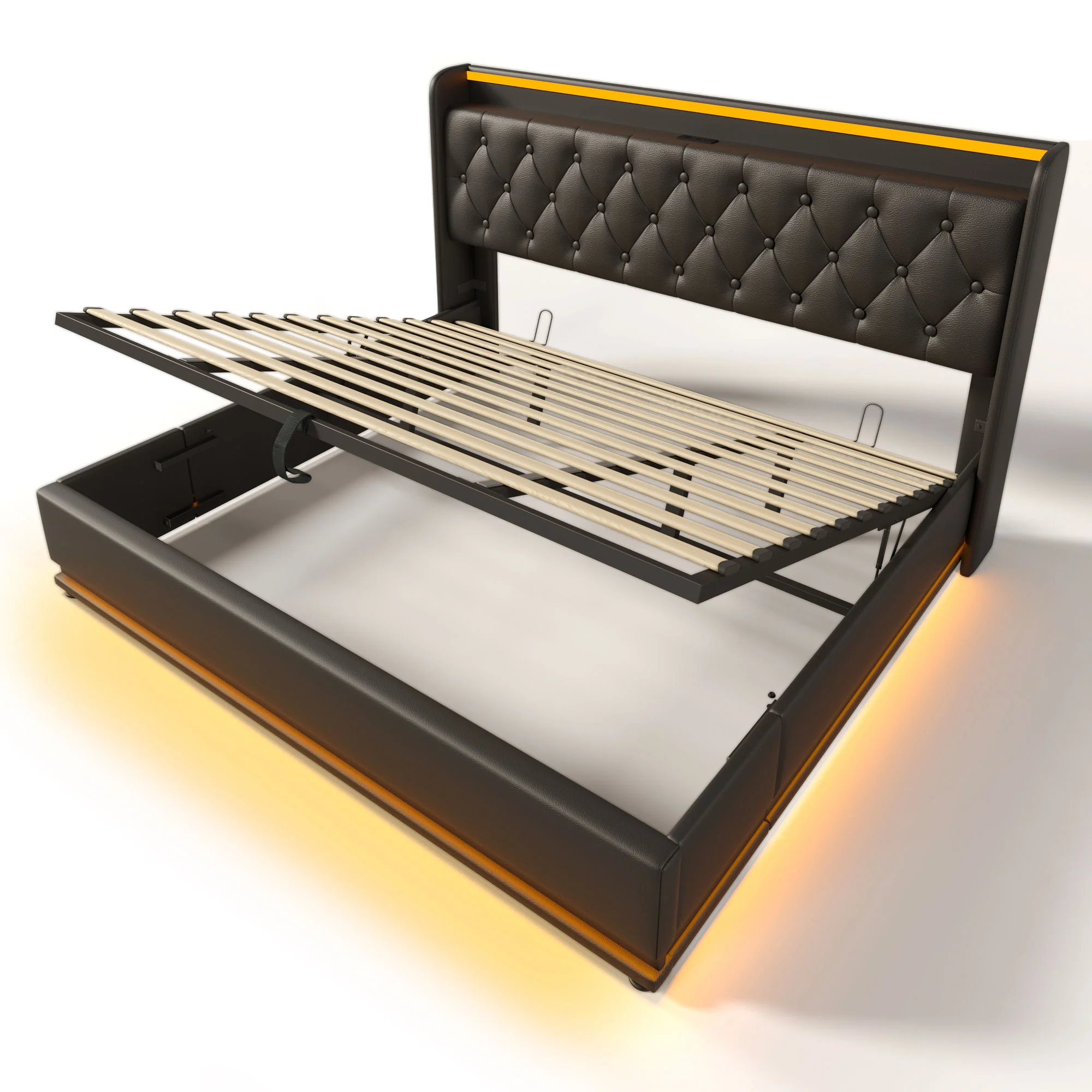 Upholstered Bed, 360 Surround LED Function, Remote Control, Hydraulic Storage Bed With USB, Type-C Charging (Without Mattress) - Image 114