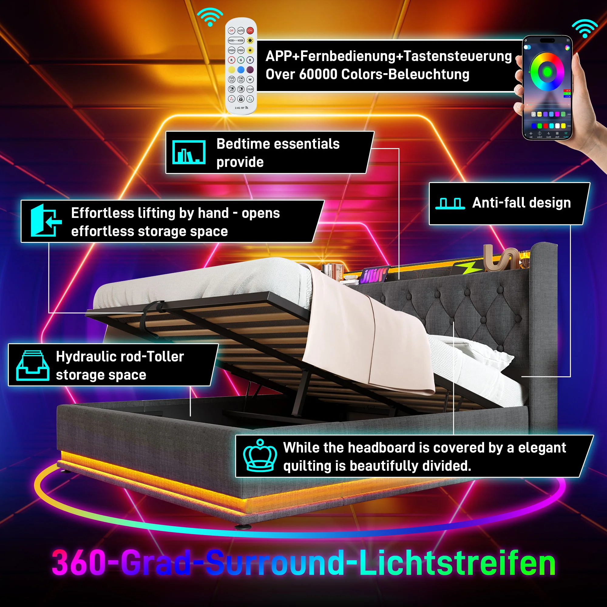 Upholstered Bed, 360 Surround LED Function, Remote Control, Hydraulic Storage Bed With USB, Type-C Charging (Without Mattress) - Image 117
