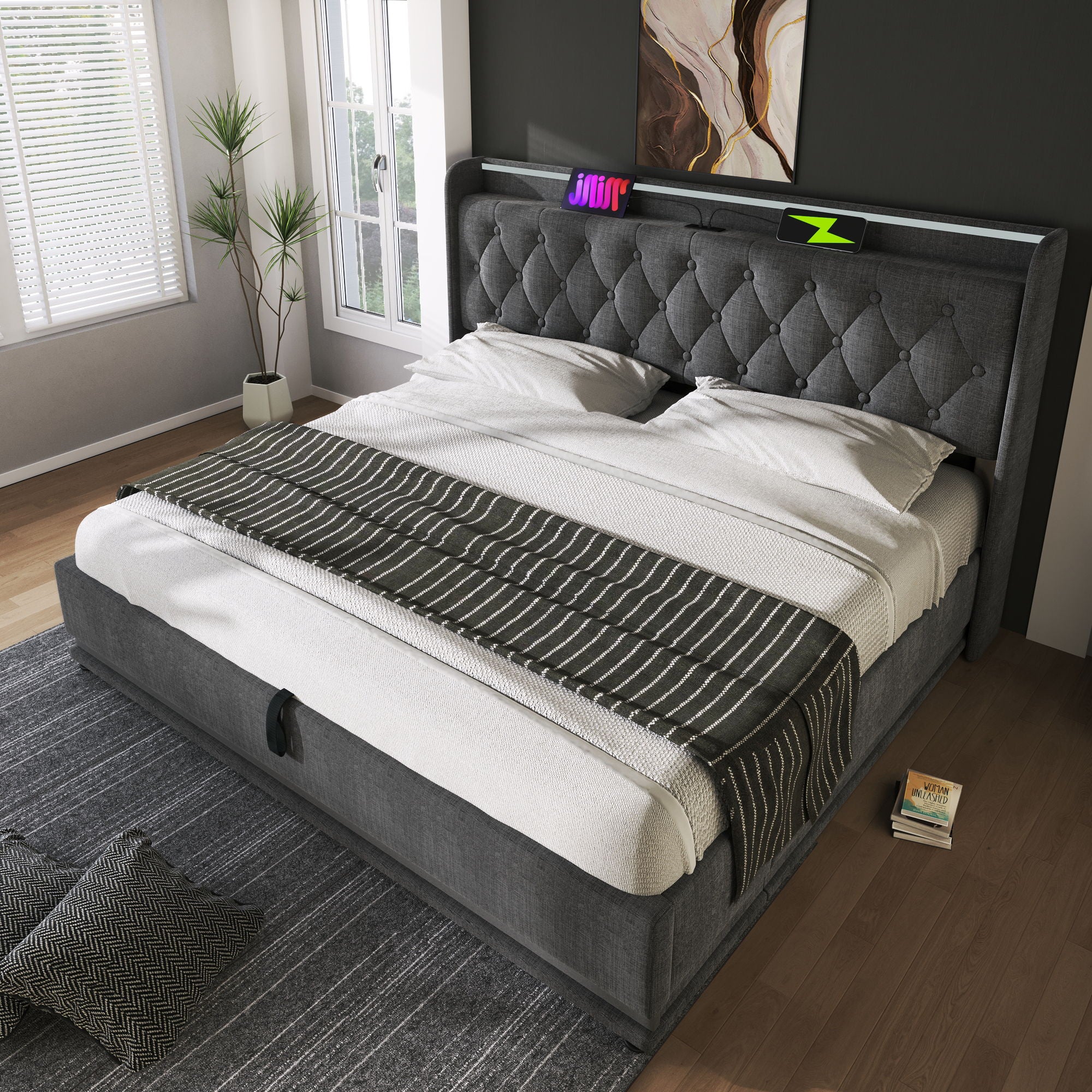Upholstered Bed, 360 Surround LED Function, Remote Control, Hydraulic Storage Bed With USB, Type-C Charging (Without Mattress) - Image 118