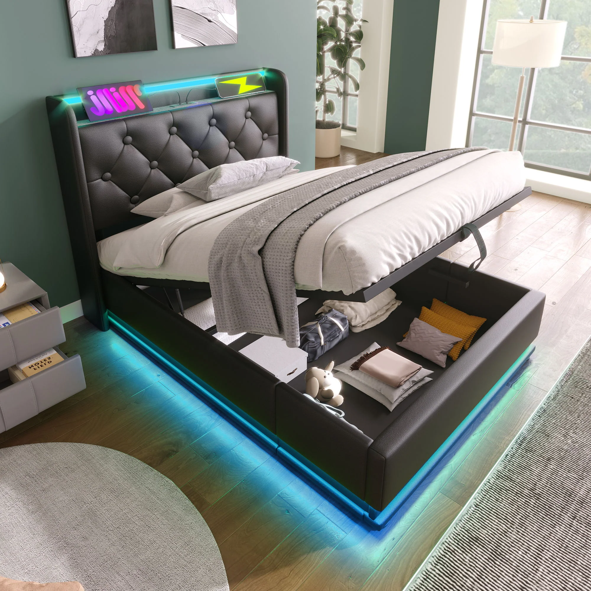 Upholstered Bed, 360 Surround LED Function, Remote Control, Hydraulic Storage Bed With USB, Type-C Charging (Without Mattress) - Image 119