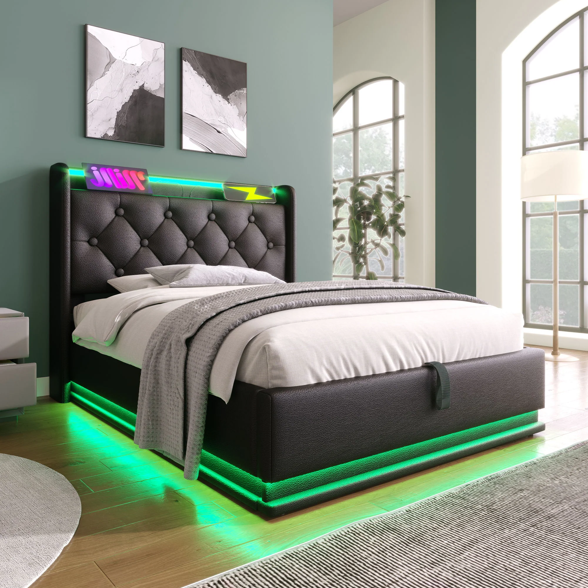 Upholstered Bed, 360 Surround LED Function, Remote Control, Hydraulic Storage Bed With USB, Type-C Charging (Without Mattress) - Image 121