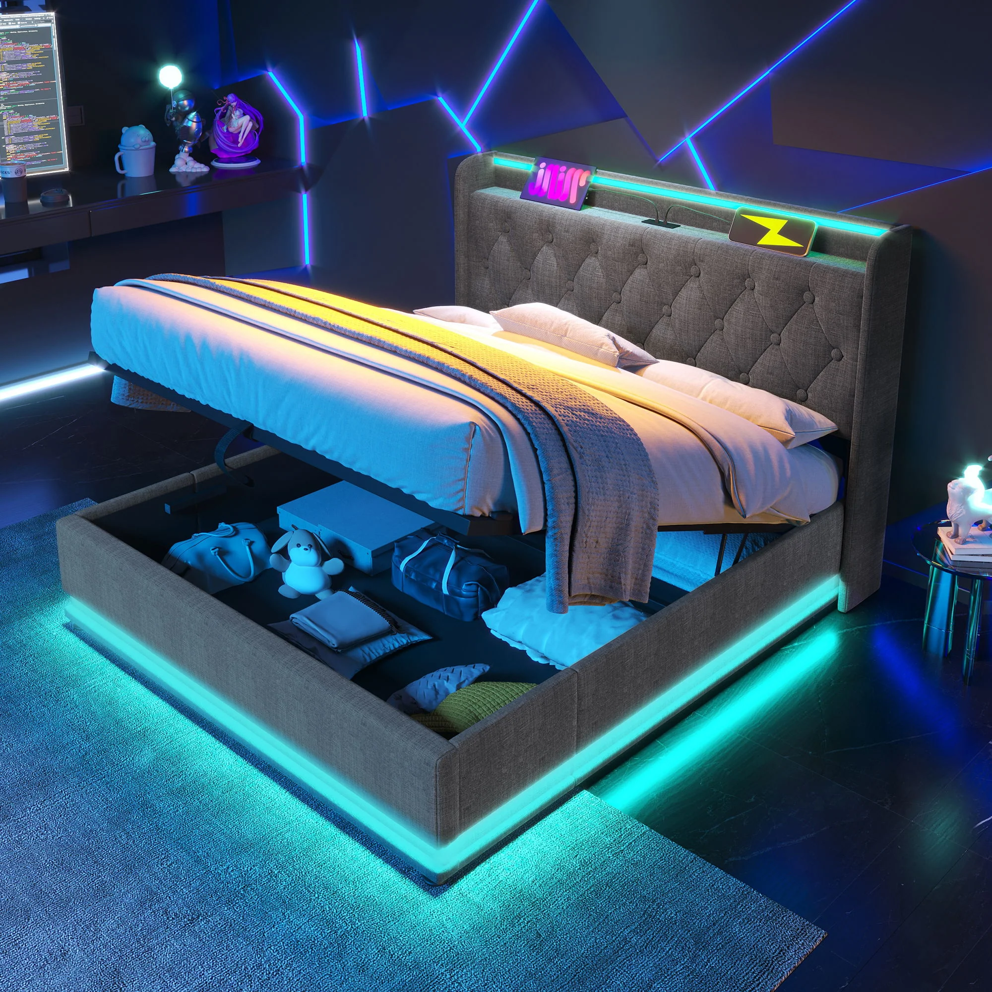 Upholstered Bed, 360 Surround LED Function, Remote Control, Hydraulic Storage Bed With USB, Type-C Charging (Without Mattress) - Image 122