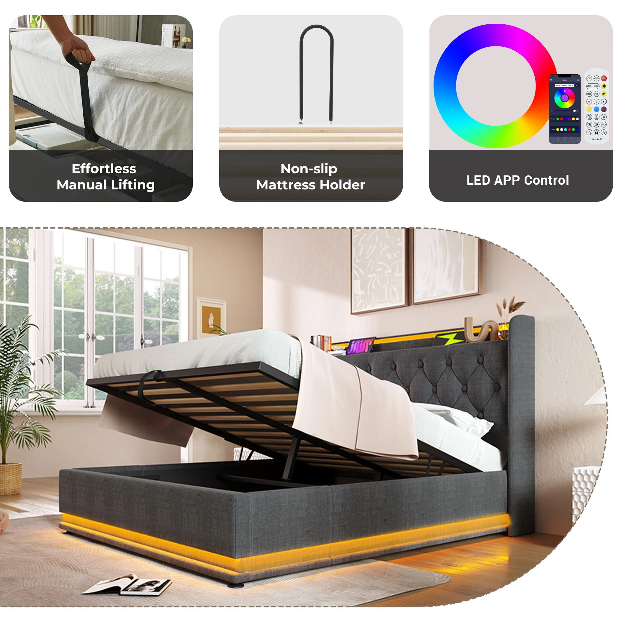 Upholstered Bed, 360 Surround LED Function, Remote Control, Hydraulic Storage Bed With USB, Type-C Charging (Without Mattress) - Image 124