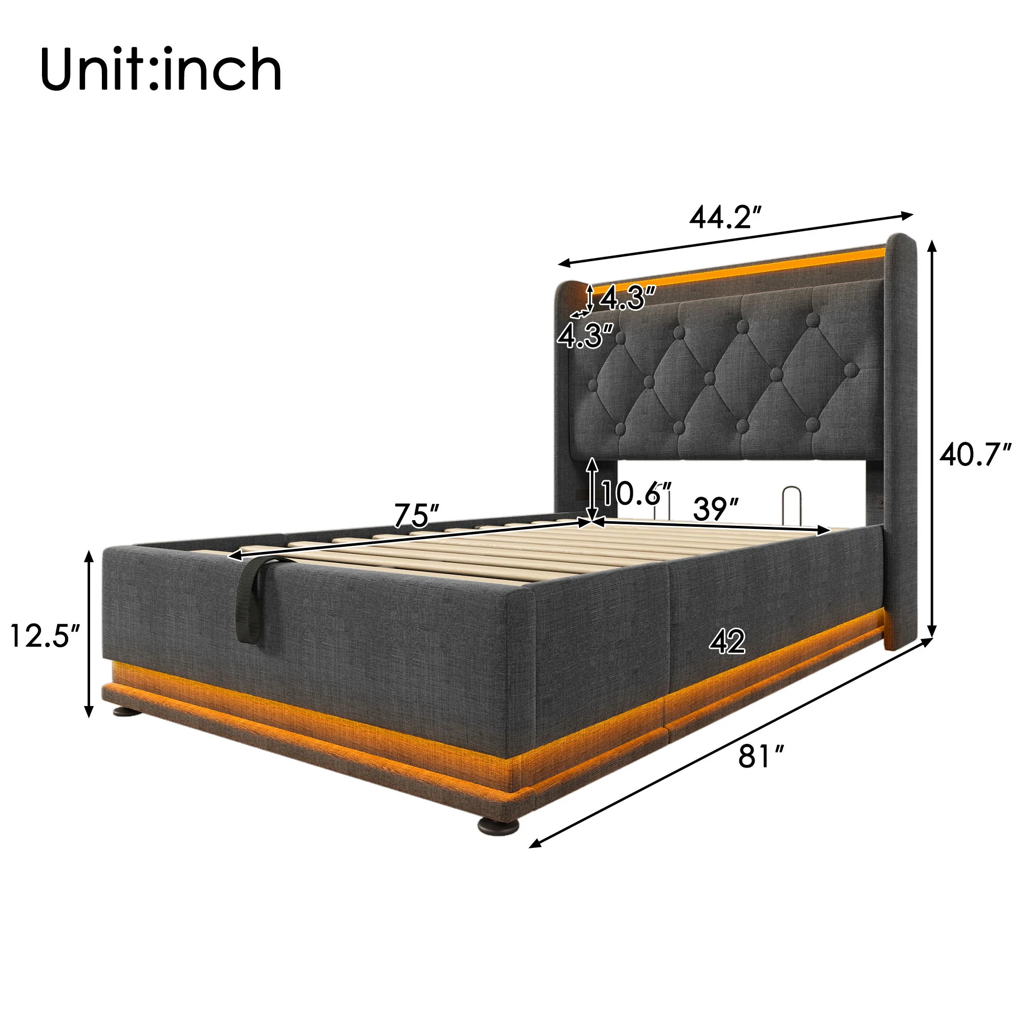 Upholstered Bed, 360 Surround LED Function, Remote Control, Hydraulic Storage Bed With USB, Type-C Charging (Without Mattress) - Image 125