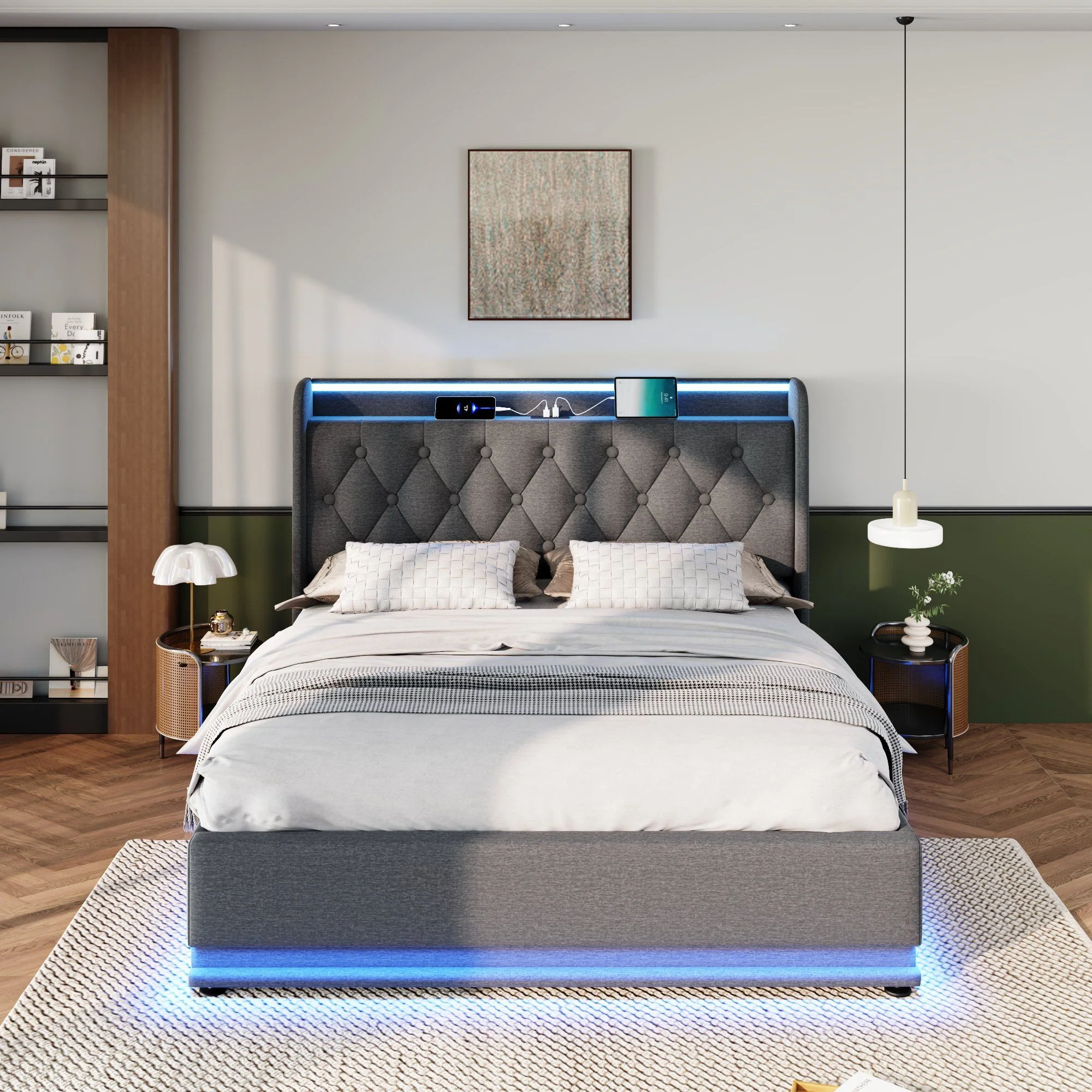 Upholstered Bed, 360 Surround LED Function, Remote Control, Hydraulic Storage Bed With USB, Type-C Charging (Without Mattress) - Image 126