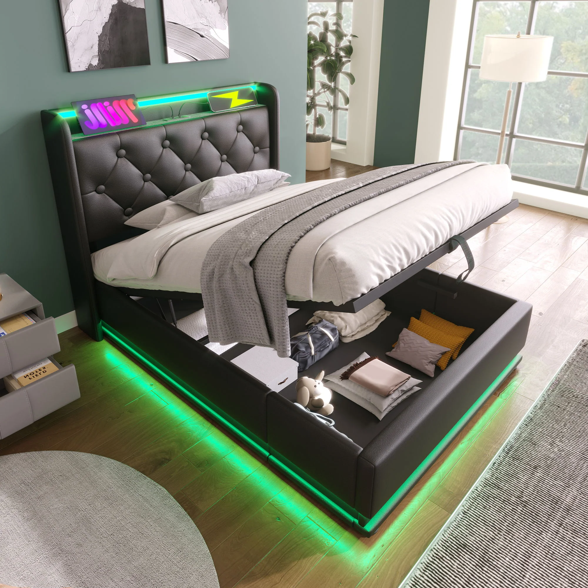 Upholstered Bed, 360 Surround LED Function, Remote Control, Hydraulic Storage Bed With USB, Type-C Charging (Without Mattress) - Image 13