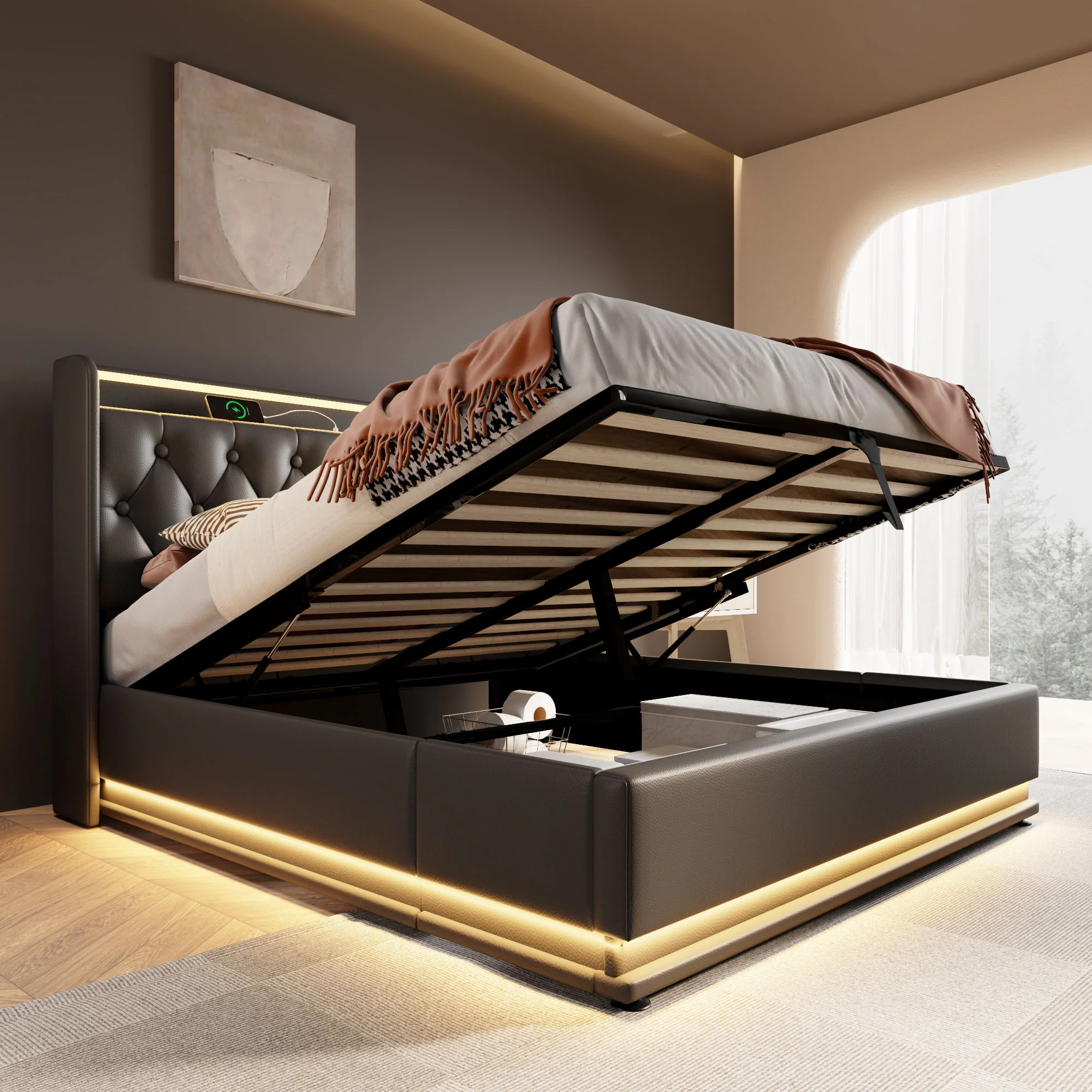 Upholstered Bed, 360 Surround LED Function, Remote Control, Hydraulic Storage Bed With USB, Type-C Charging (Without Mattress) - Image 15