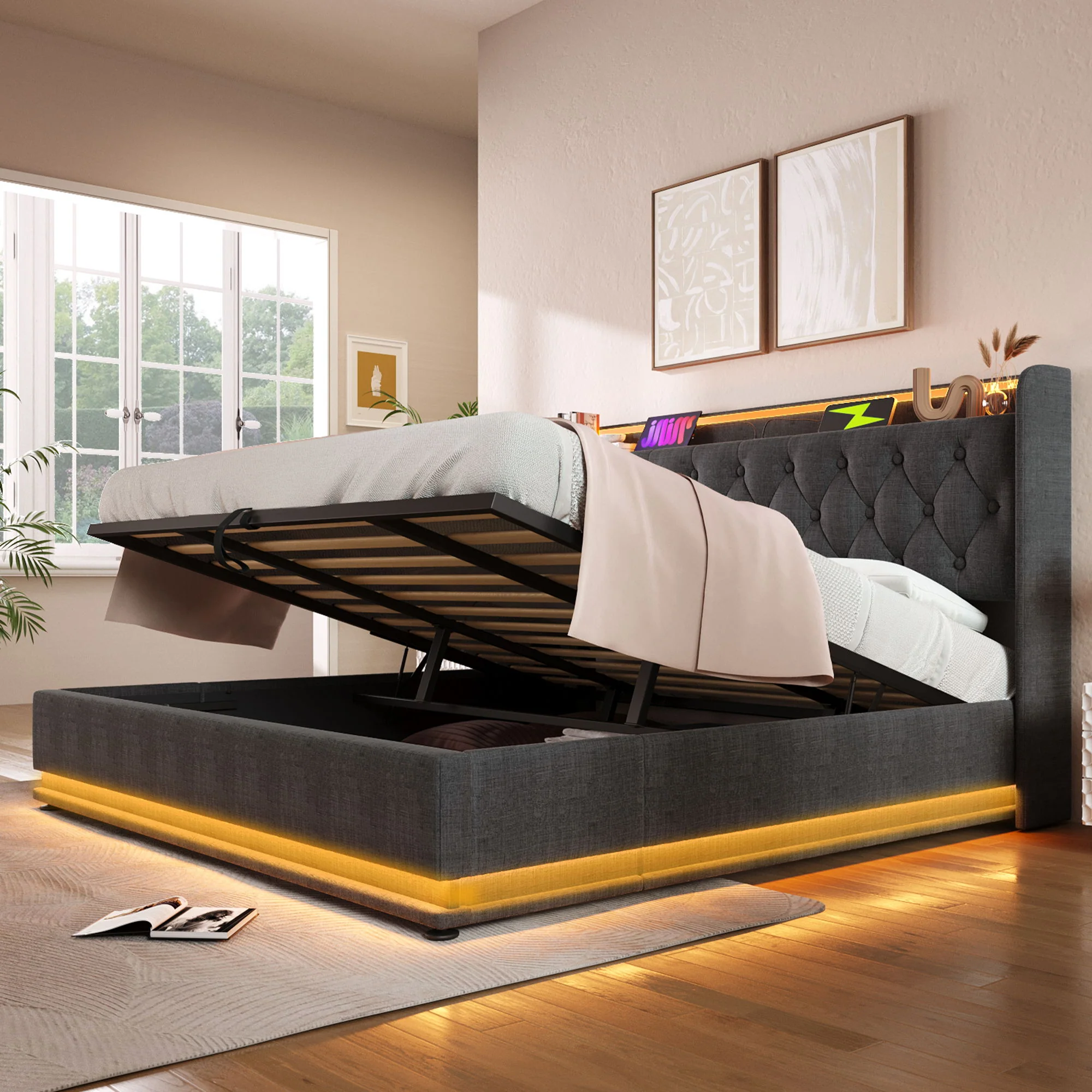 Upholstered Bed, 360 Surround LED Function, Remote Control, Hydraulic Storage Bed With USB, Type-C Charging (Without Mattress) - Image 17