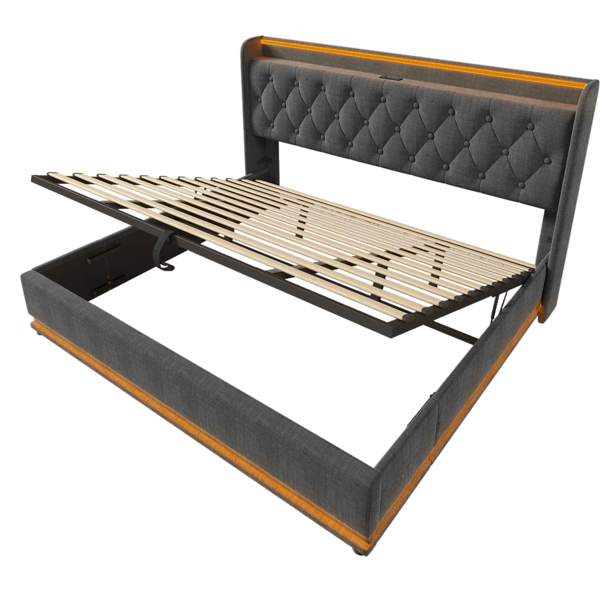 Upholstered Bed, 360 Surround LED Function, Remote Control, Hydraulic Storage Bed With USB, Type-C Charging (Without Mattress) - Image 18
