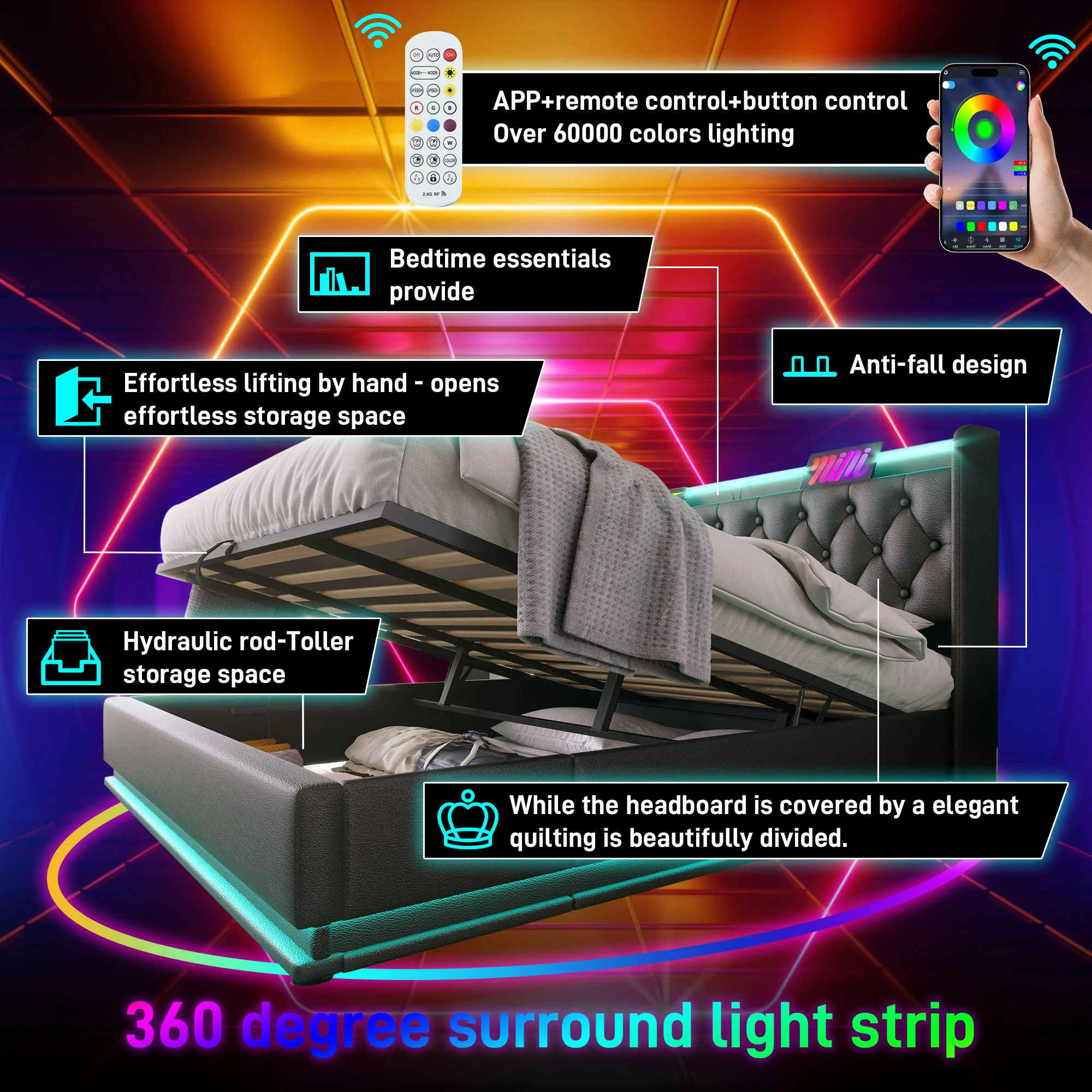 Upholstered Bed, 360 Surround LED Function, Remote Control, Hydraulic Storage Bed With USB, Type-C Charging (Without Mattress) - Image 23