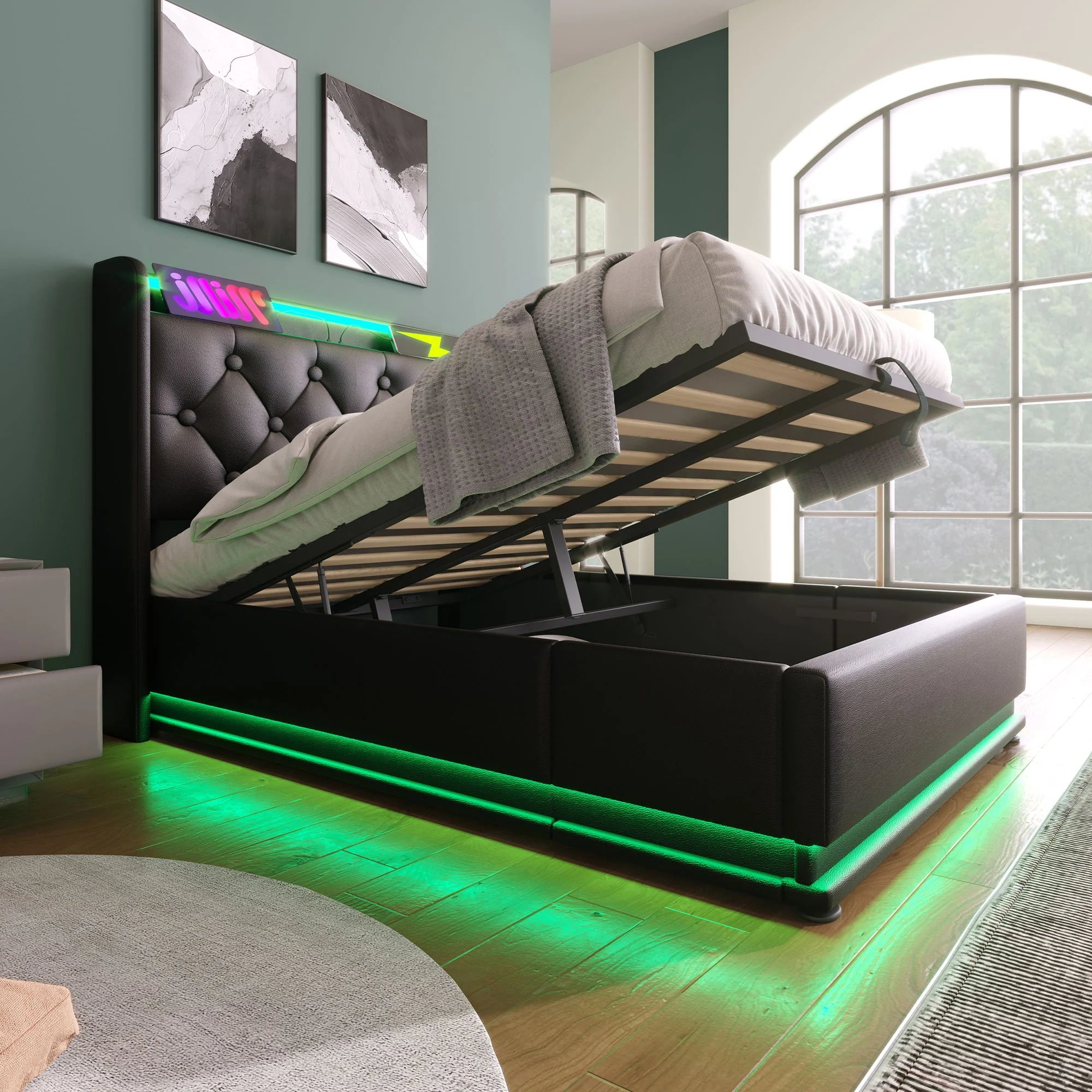 Upholstered Bed, 360 Surround LED Function, Remote Control, Hydraulic Storage Bed With USB, Type-C Charging (Without Mattress) - Image 26