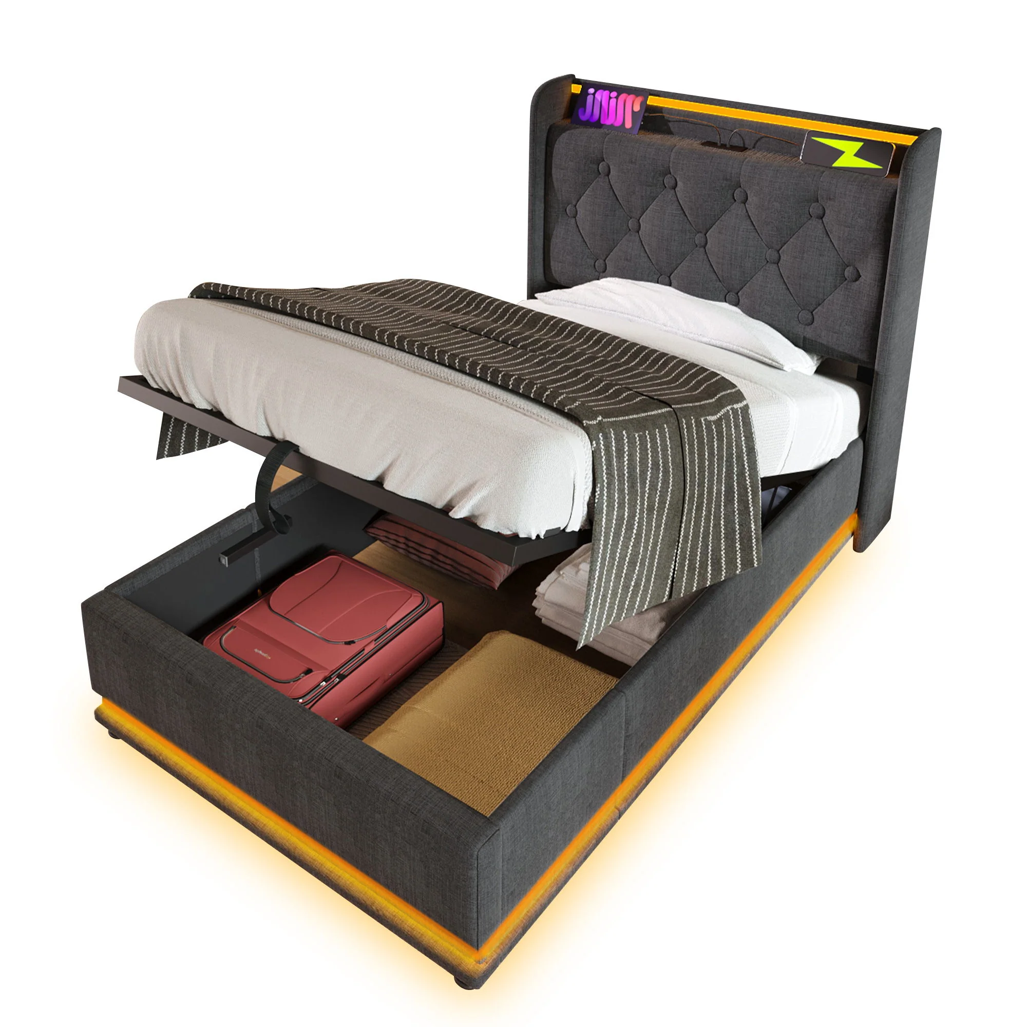 Upholstered Bed, 360 Surround LED Function, Remote Control, Hydraulic Storage Bed With USB, Type-C Charging (Without Mattress) - Image 3