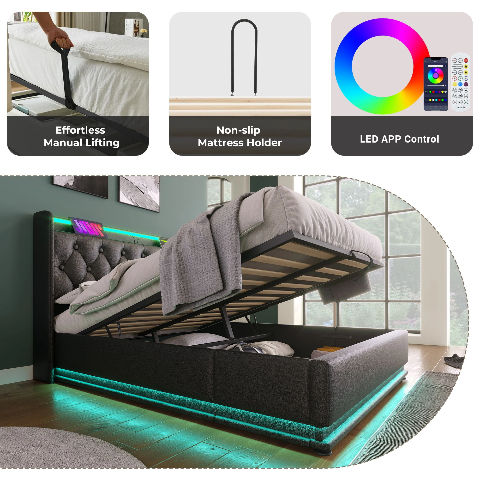 Upholstered Bed, 360 Surround LED Function, Remote Control, Hydraulic Storage Bed With USB, Type-C Charging (Without Mattress) - Image 31