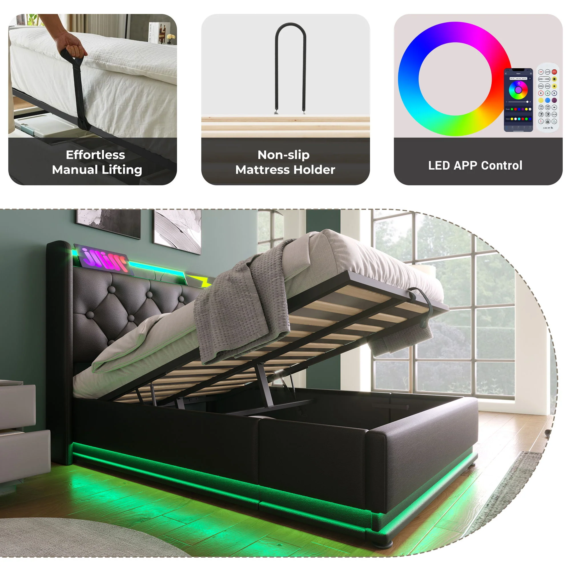 Upholstered Bed, 360 Surround LED Function, Remote Control, Hydraulic Storage Bed With USB, Type-C Charging (Without Mattress) - Image 32