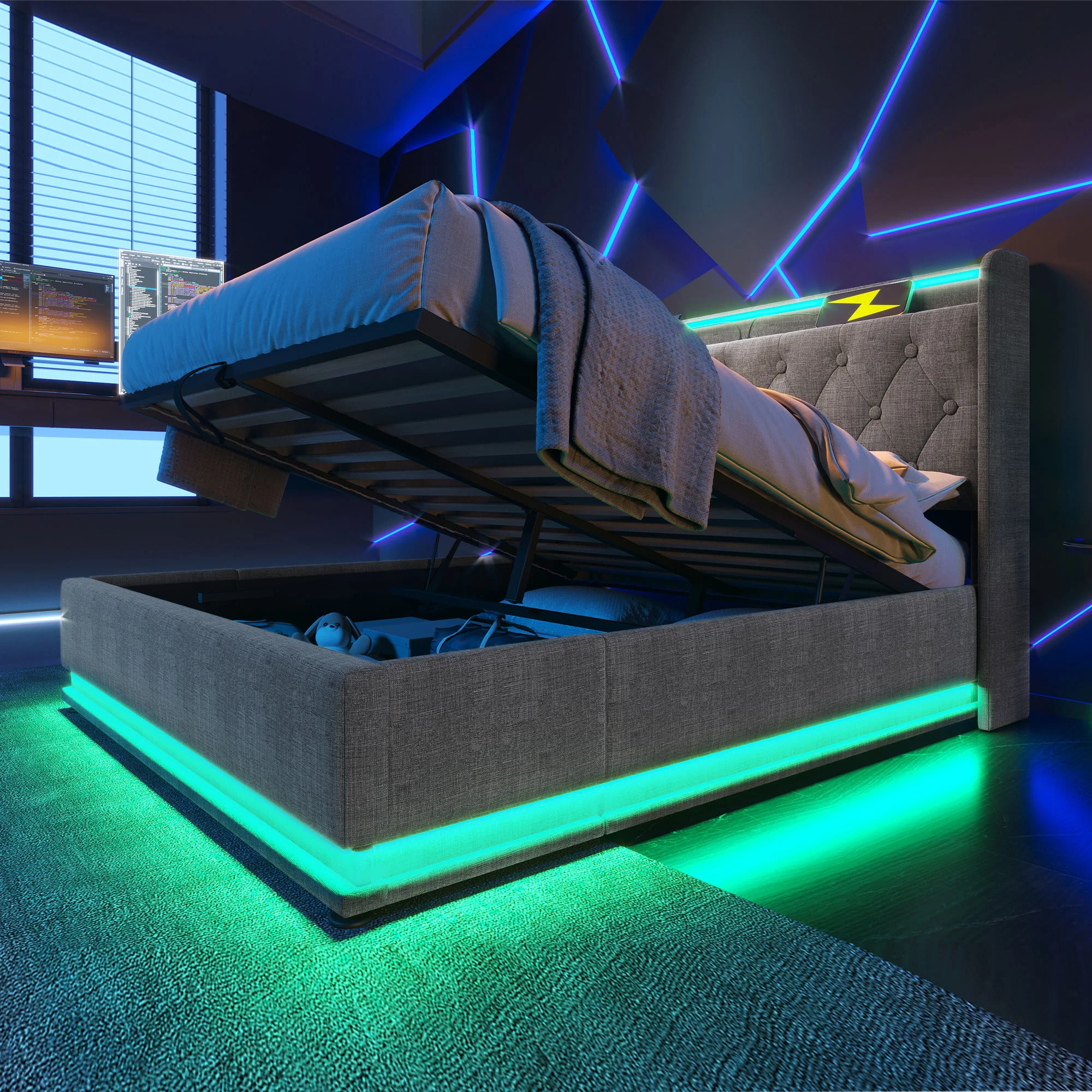 Upholstered Bed, 360 Surround LED Function, Remote Control, Hydraulic Storage Bed With USB, Type-C Charging (Without Mattress) - Image 36