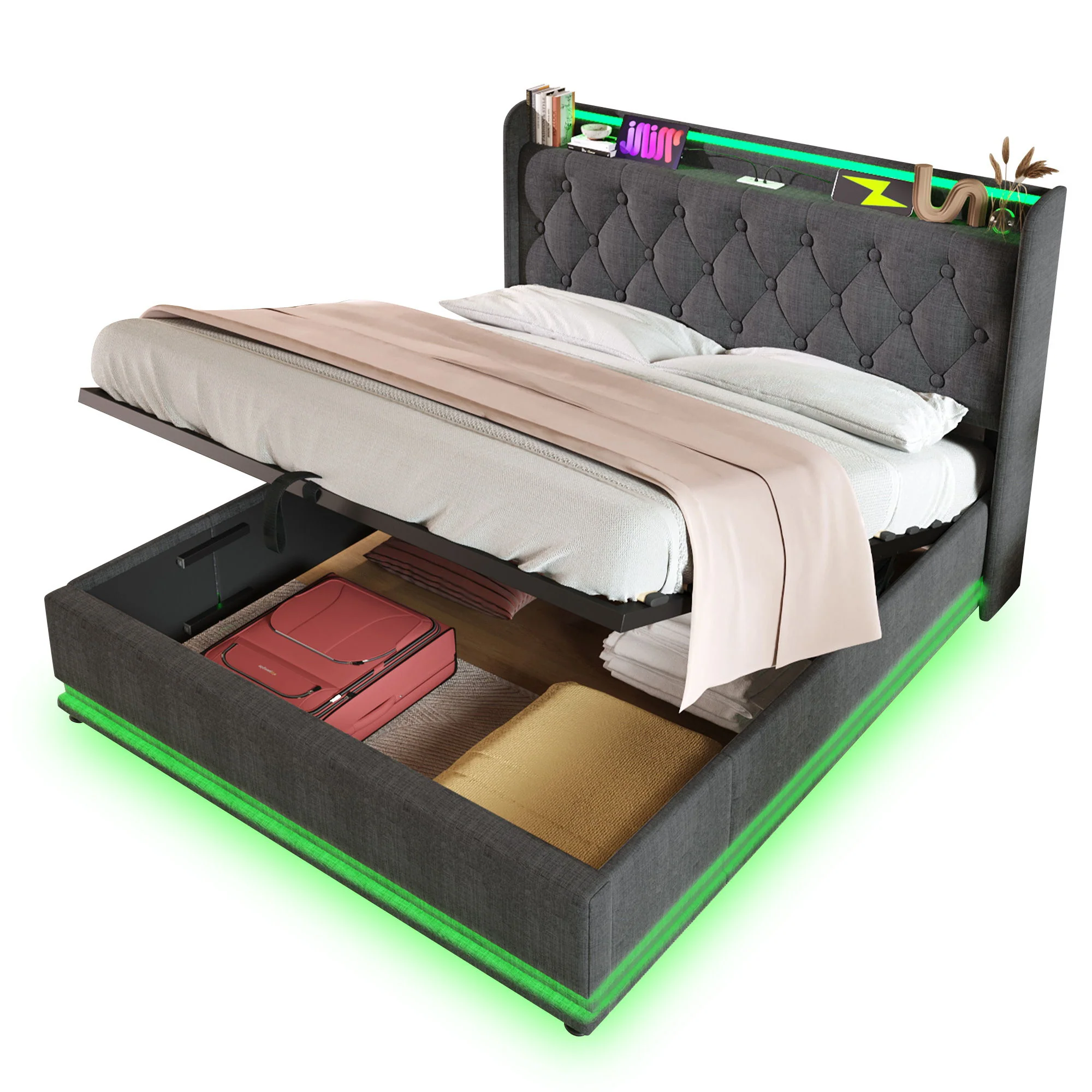 Upholstered Bed, 360 Surround LED Function, Remote Control, Hydraulic Storage Bed With USB, Type-C Charging (Without Mattress) - Image 4