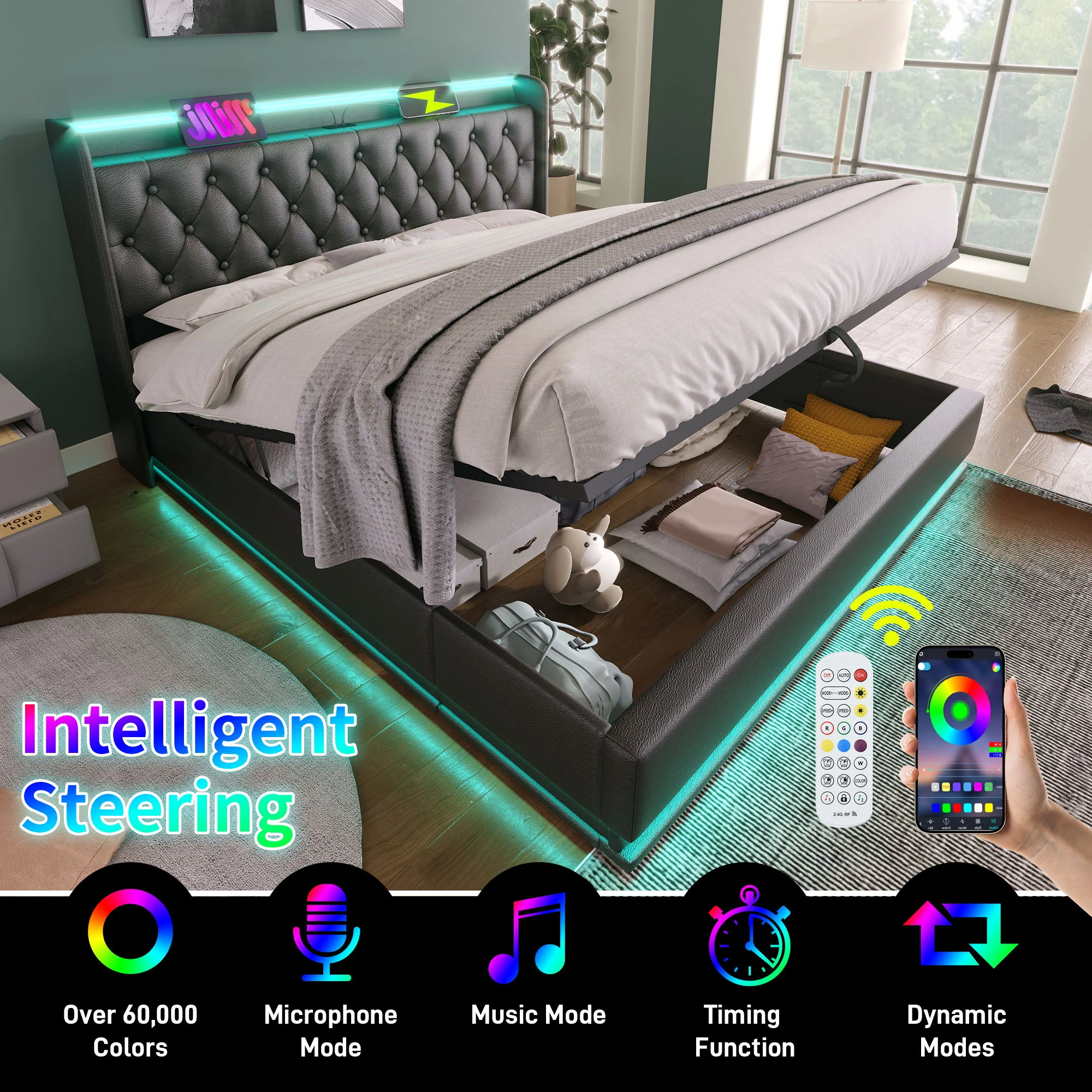 Upholstered Bed, 360 Surround LED Function, Remote Control, Hydraulic Storage Bed With USB, Type-C Charging (Without Mattress) - Image 41