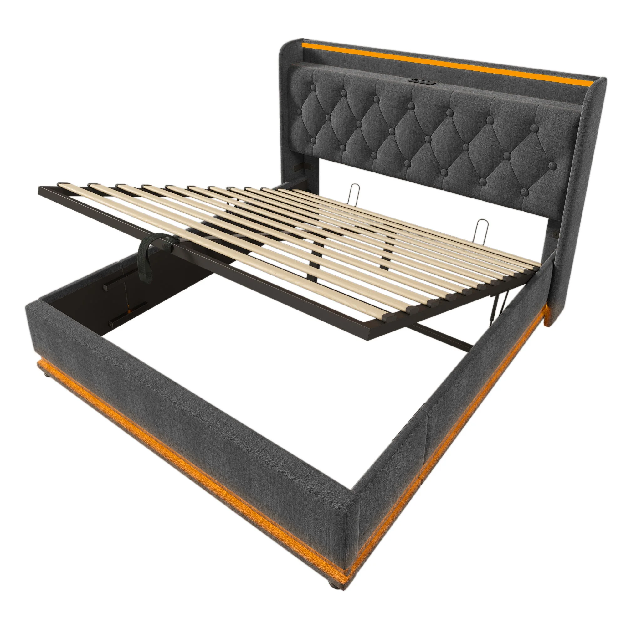 Upholstered Bed, 360 Surround LED Function, Remote Control, Hydraulic Storage Bed With USB, Type-C Charging (Without Mattress) - Image 48