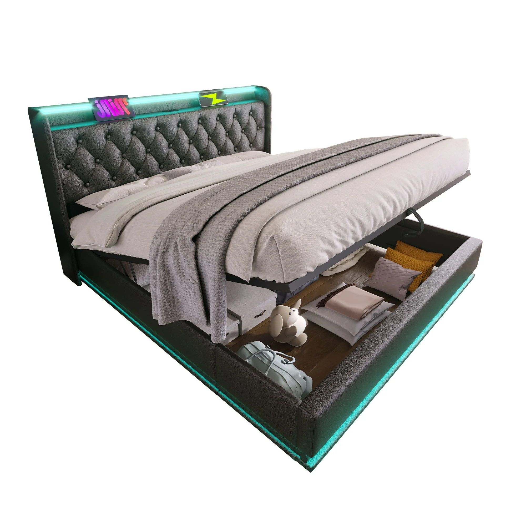 Upholstered Bed, 360 Surround LED Function, Remote Control, Hydraulic Storage Bed With USB, Type-C Charging (Without Mattress) - Image 5