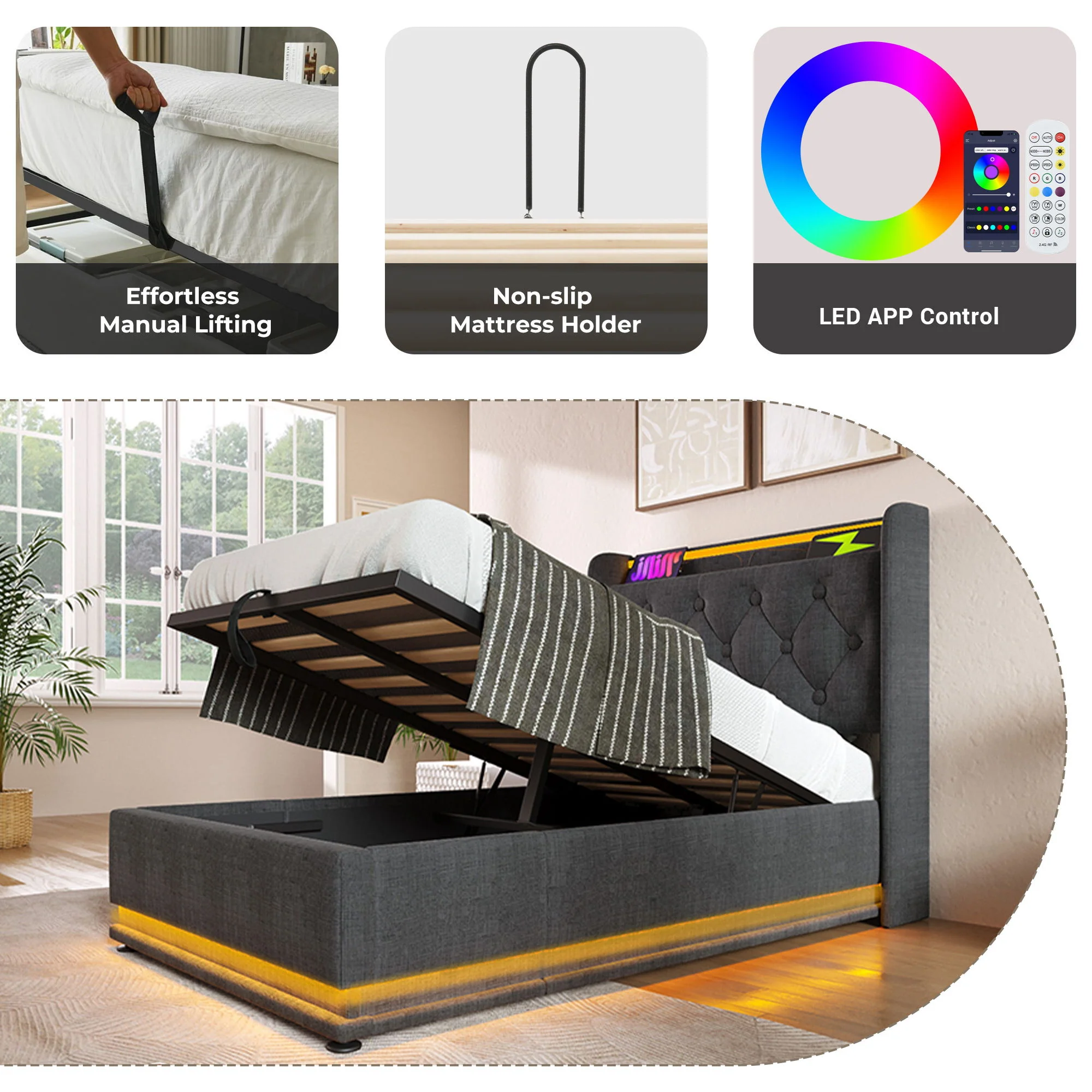 Upholstered Bed, 360 Surround LED Function, Remote Control, Hydraulic Storage Bed With USB, Type-C Charging (Without Mattress) - Image 50