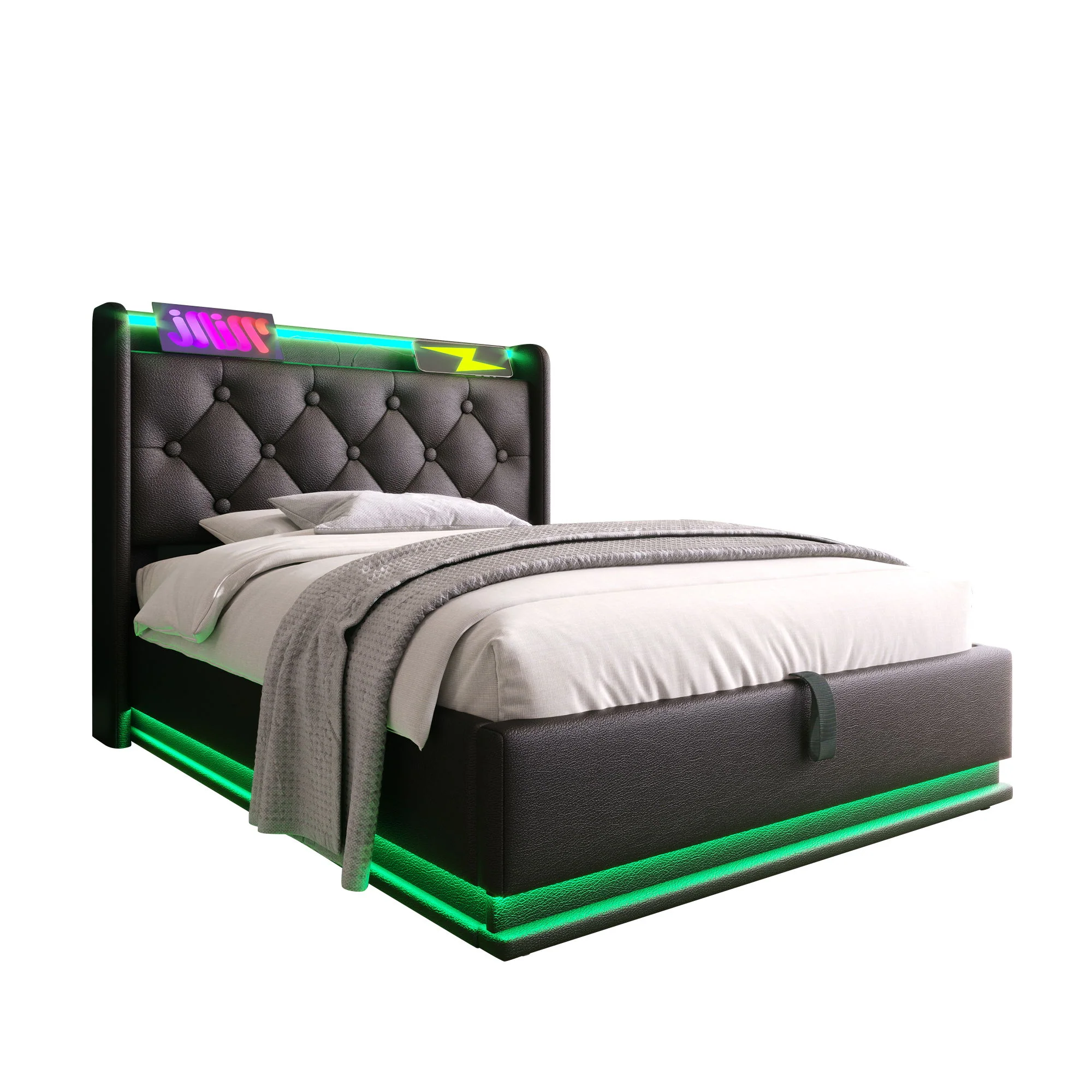 Upholstered Bed, 360 Surround LED Function, Remote Control, Hydraulic Storage Bed With USB, Type-C Charging (Without Mattress) - Image 51