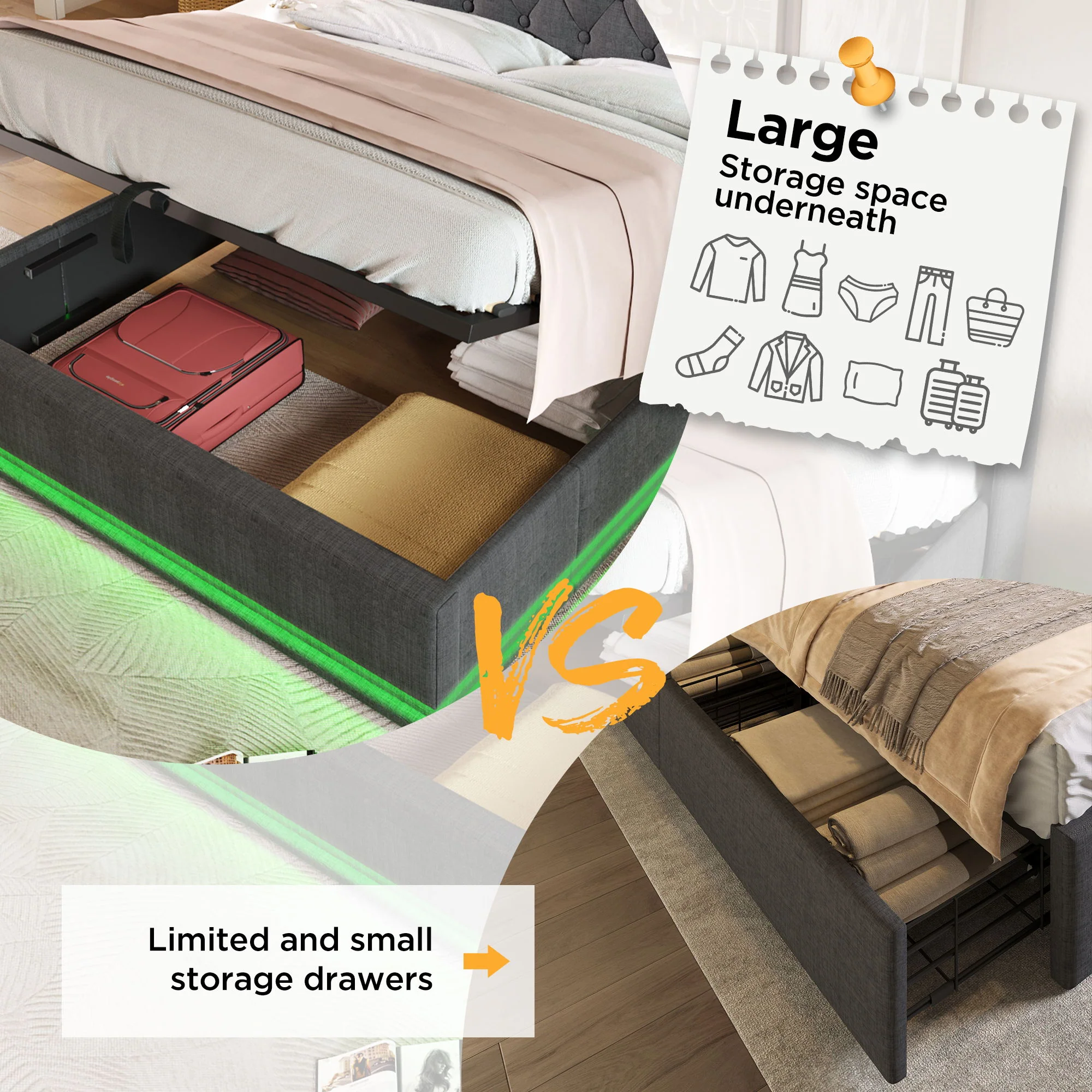 Upholstered Bed, 360 Surround LED Function, Remote Control, Hydraulic Storage Bed With USB, Type-C Charging (Without Mattress) - Image 52