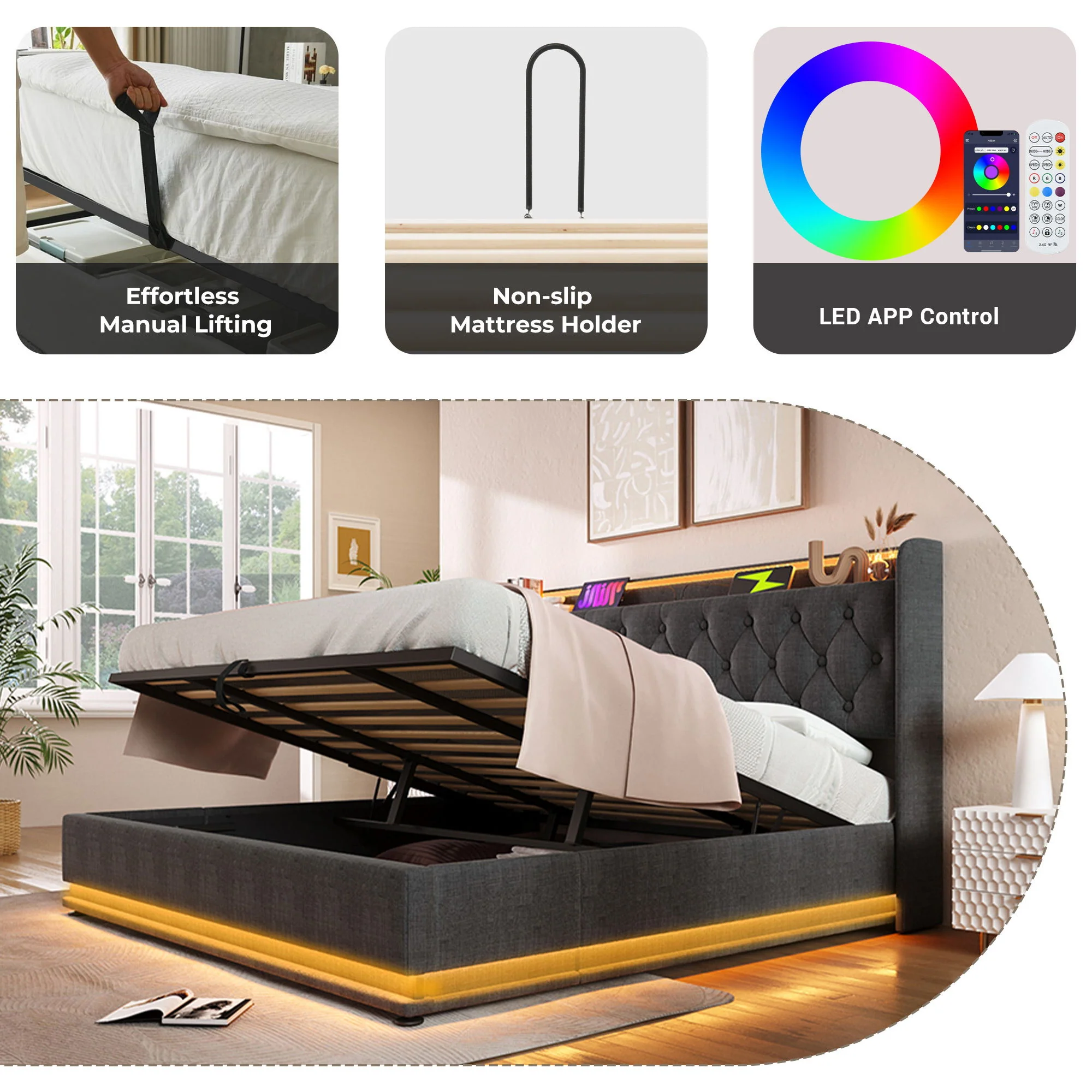 Upholstered Bed, 360 Surround LED Function, Remote Control, Hydraulic Storage Bed With USB, Type-C Charging (Without Mattress) - Image 56
