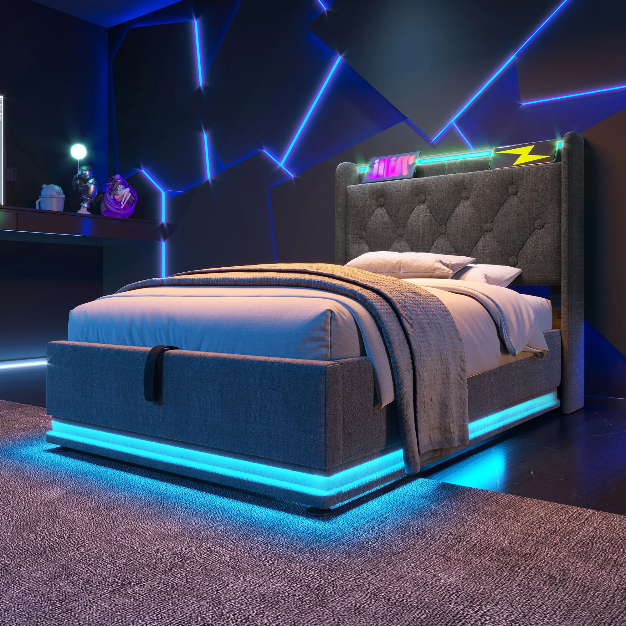Upholstered Bed, 360 Surround LED Function, Remote Control, Hydraulic Storage Bed With USB, Type-C Charging (Without Mattress) - Image 57