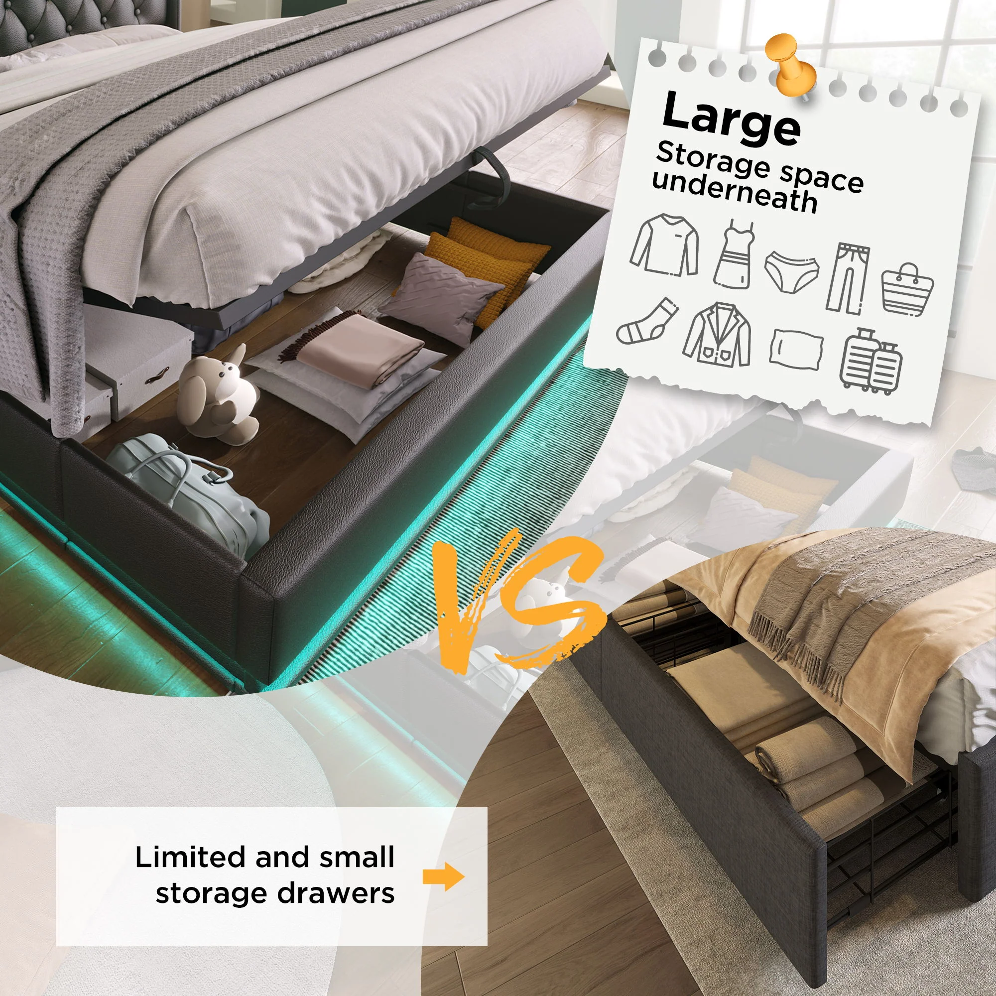 Upholstered Bed, 360 Surround LED Function, Remote Control, Hydraulic Storage Bed With USB, Type-C Charging (Without Mattress) - Image 58
