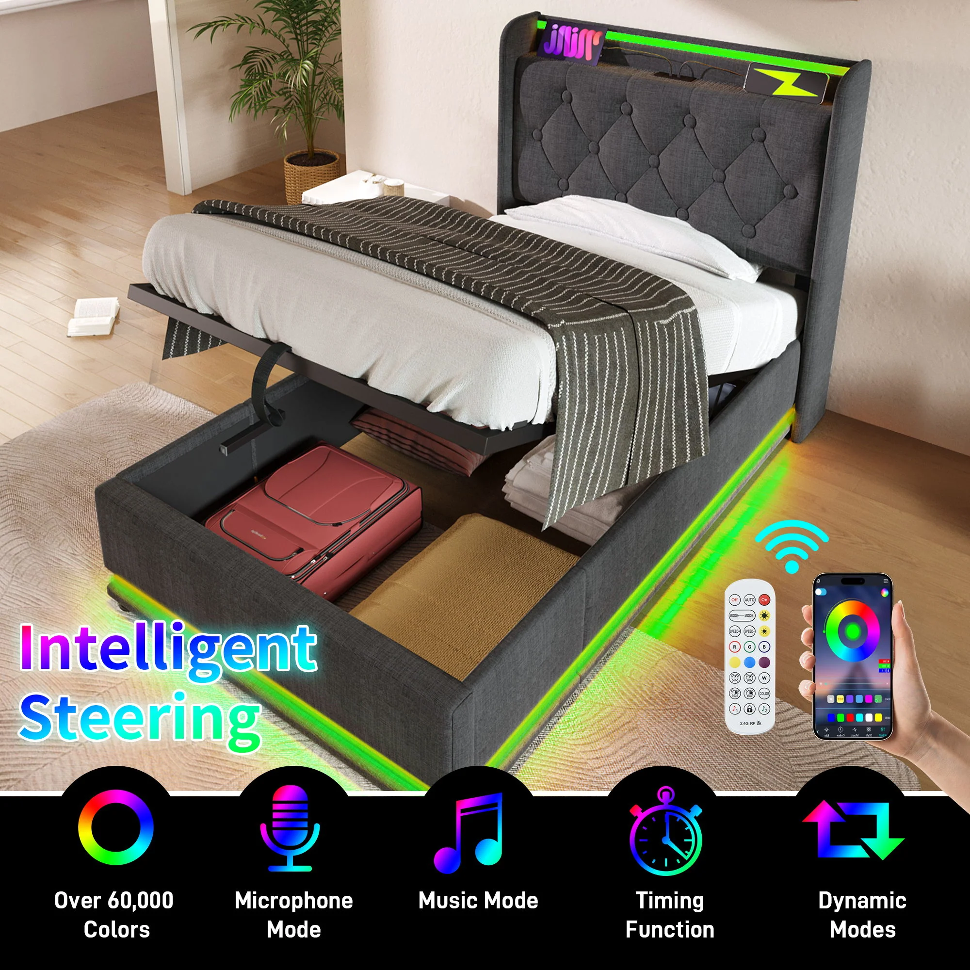 Upholstered Bed, 360 Surround LED Function, Remote Control, Hydraulic Storage Bed With USB, Type-C Charging (Without Mattress) - Image 64