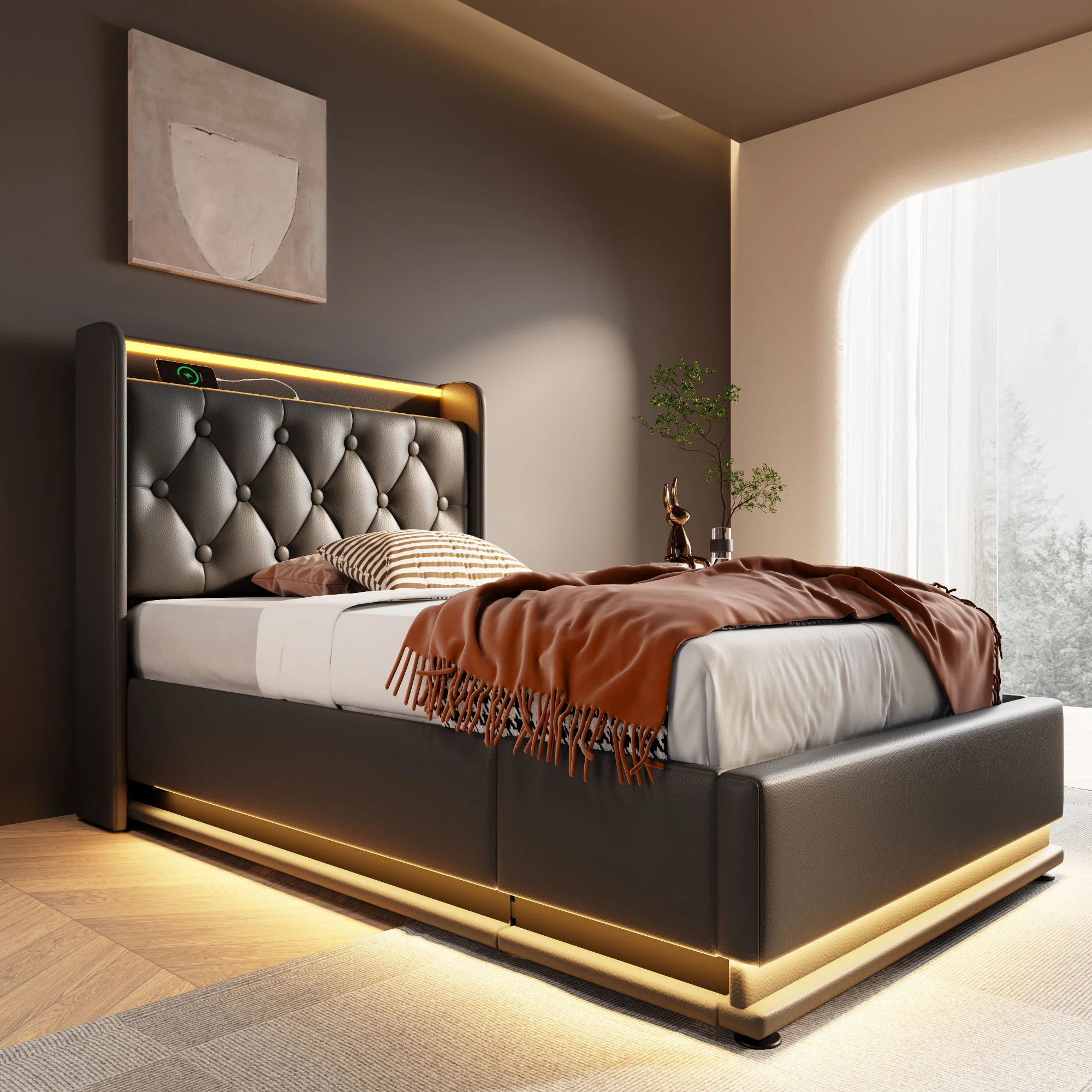 Upholstered Bed, 360 Surround LED Function, Remote Control, Hydraulic Storage Bed With USB, Type-C Charging (Without Mattress) - Image 65