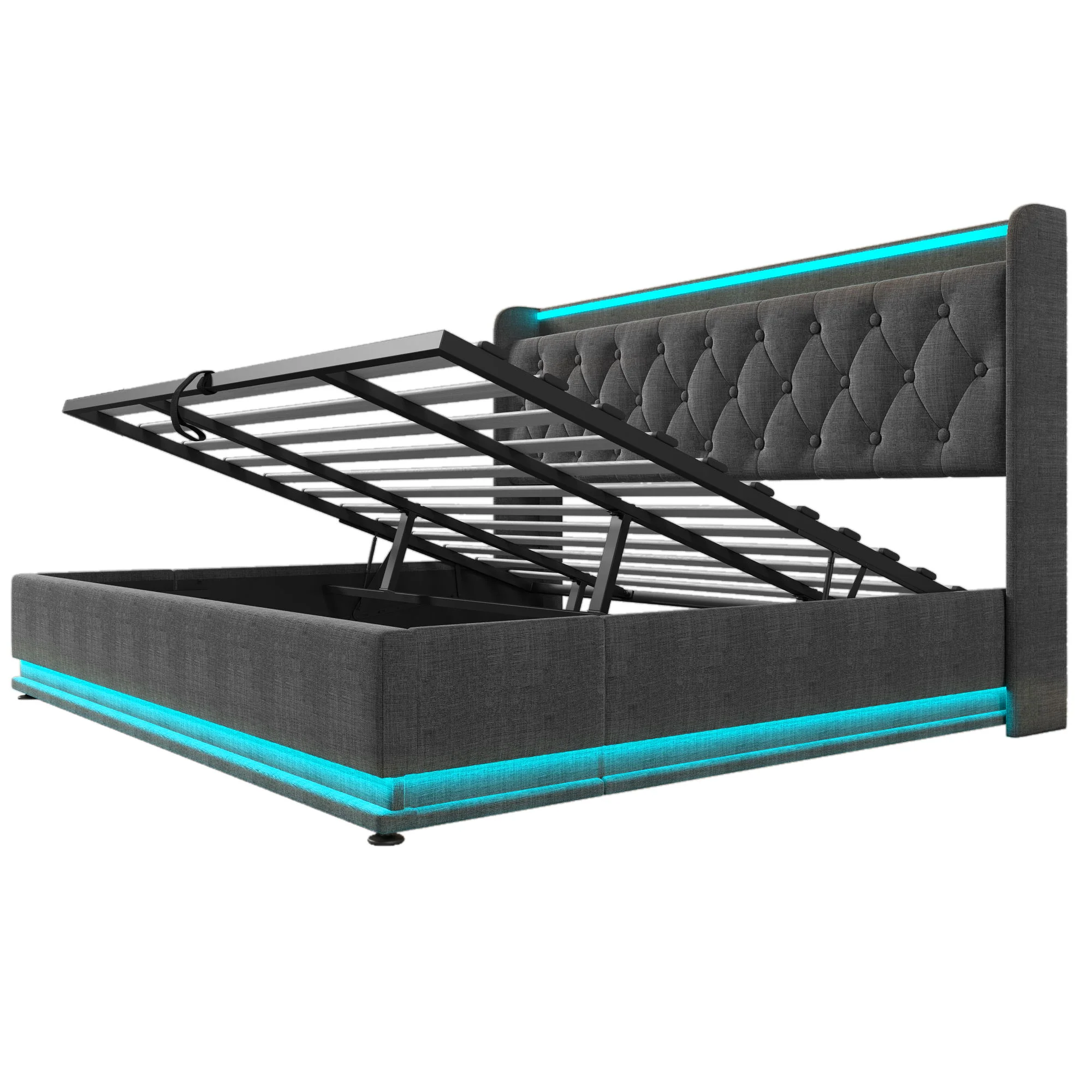 Upholstered Bed, 360 Surround LED Function, Remote Control, Hydraulic Storage Bed With USB, Type-C Charging (Without Mattress) - Image 68