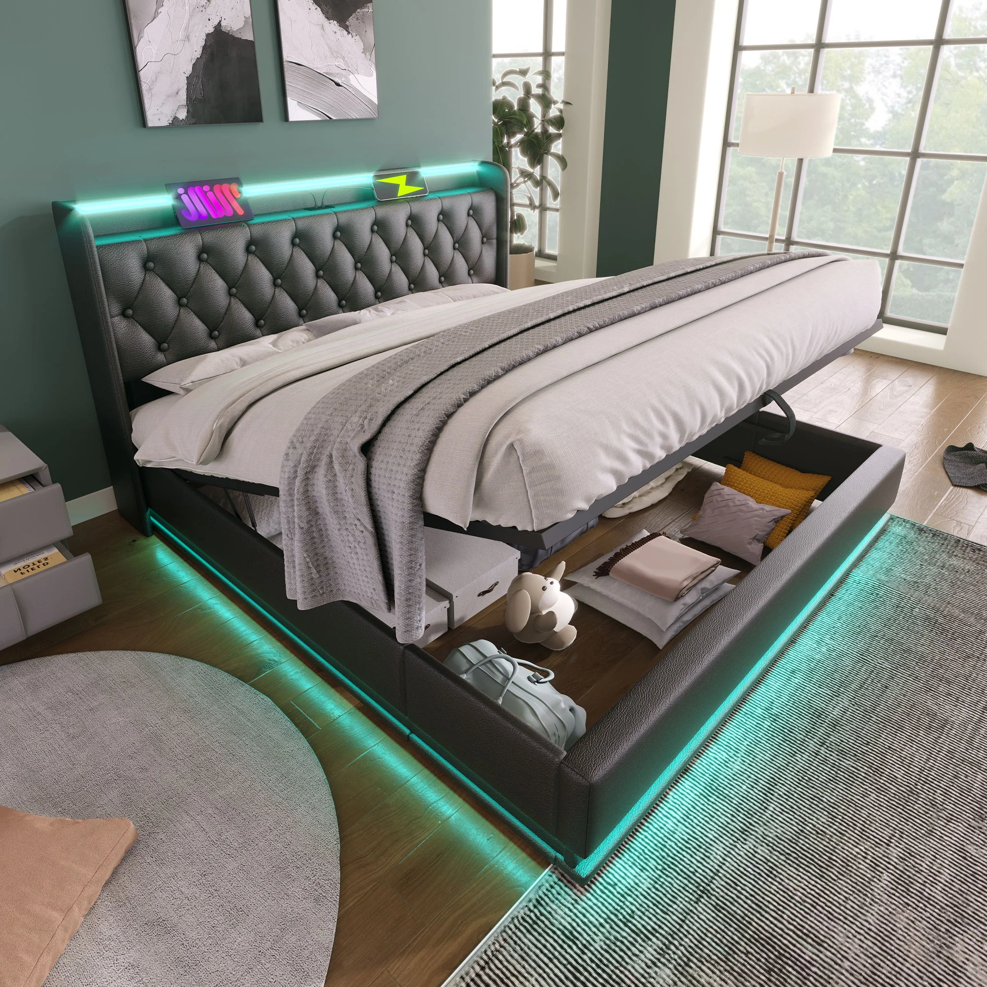 Upholstered Bed, 360 Surround LED Function, Remote Control, Hydraulic Storage Bed With USB, Type-C Charging (Without Mattress) - Image 69