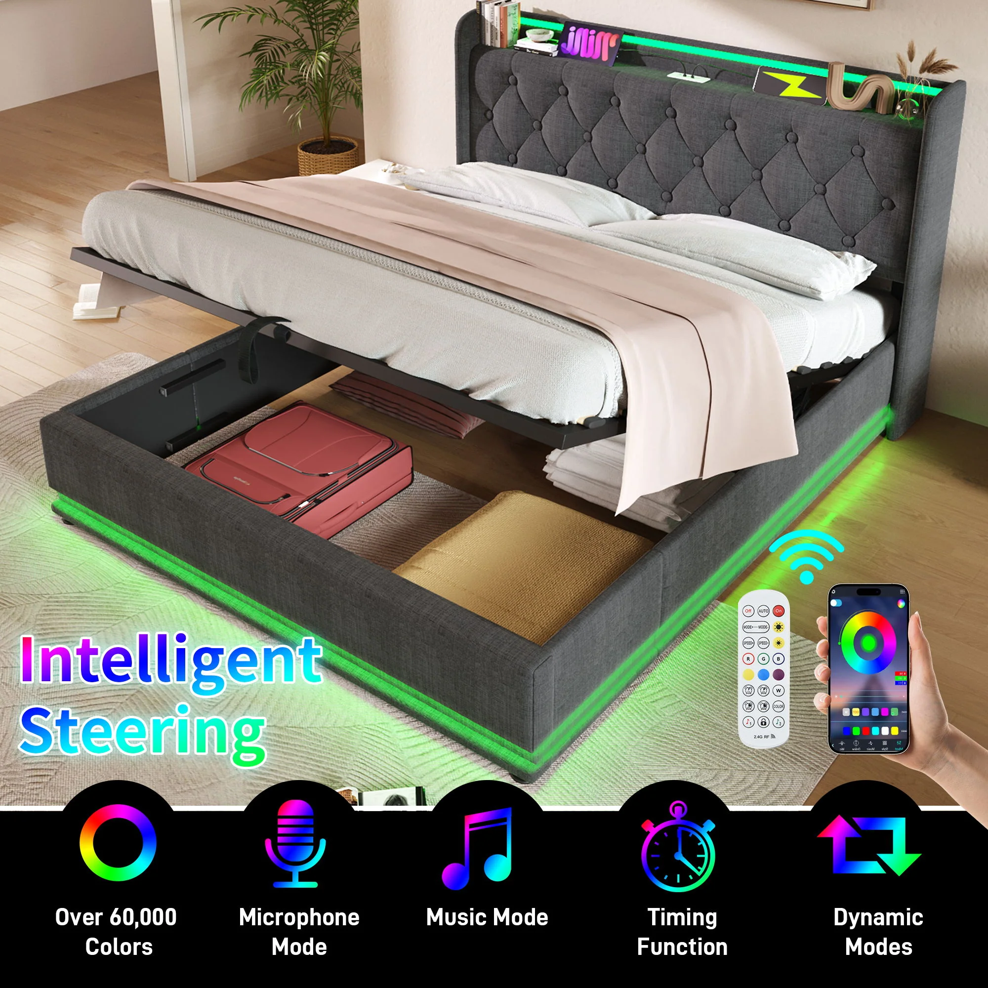 Upholstered Bed, 360 Surround LED Function, Remote Control, Hydraulic Storage Bed With USB, Type-C Charging (Without Mattress) - Image 7