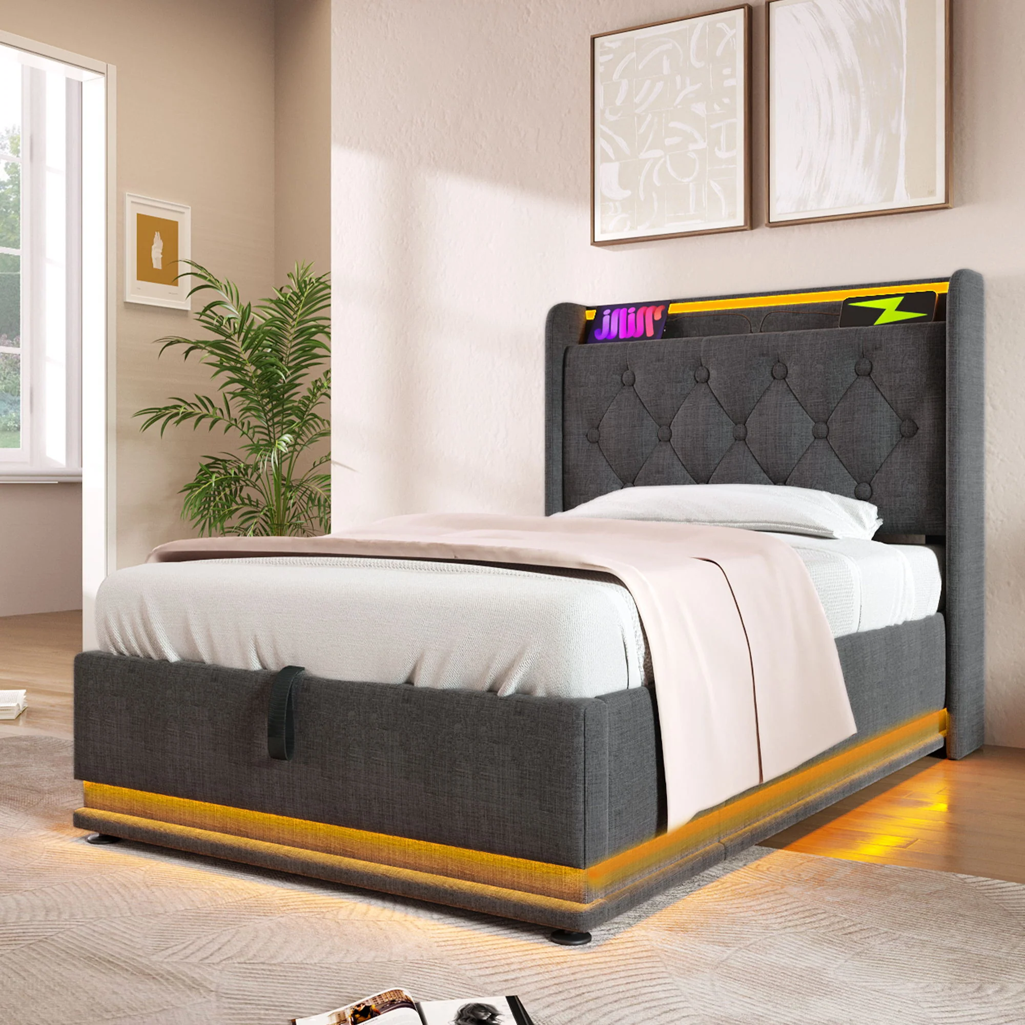 Upholstered Bed, 360 Surround LED Function, Remote Control, Hydraulic Storage Bed With USB, Type-C Charging (Without Mattress) - Image 70