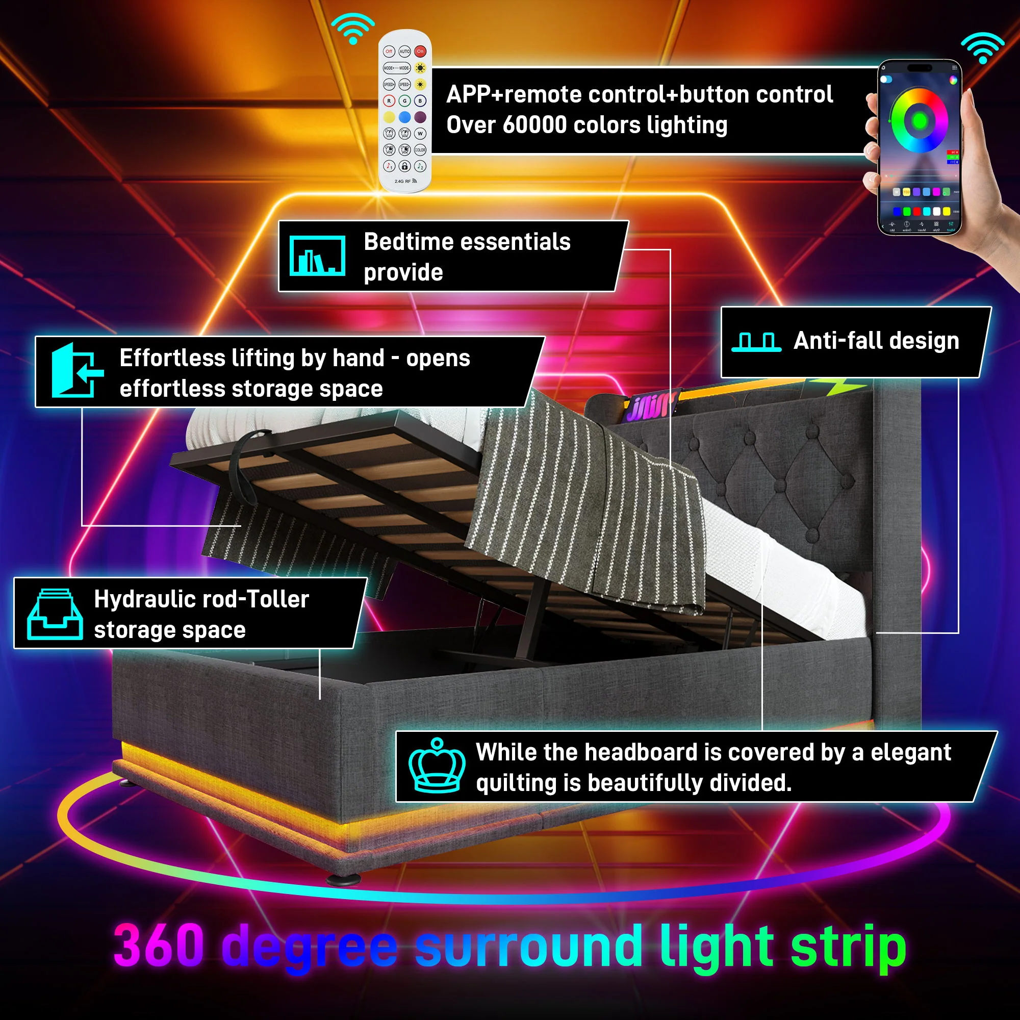 Upholstered Bed, 360 Surround LED Function, Remote Control, Hydraulic Storage Bed With USB, Type-C Charging (Without Mattress) - Image 74