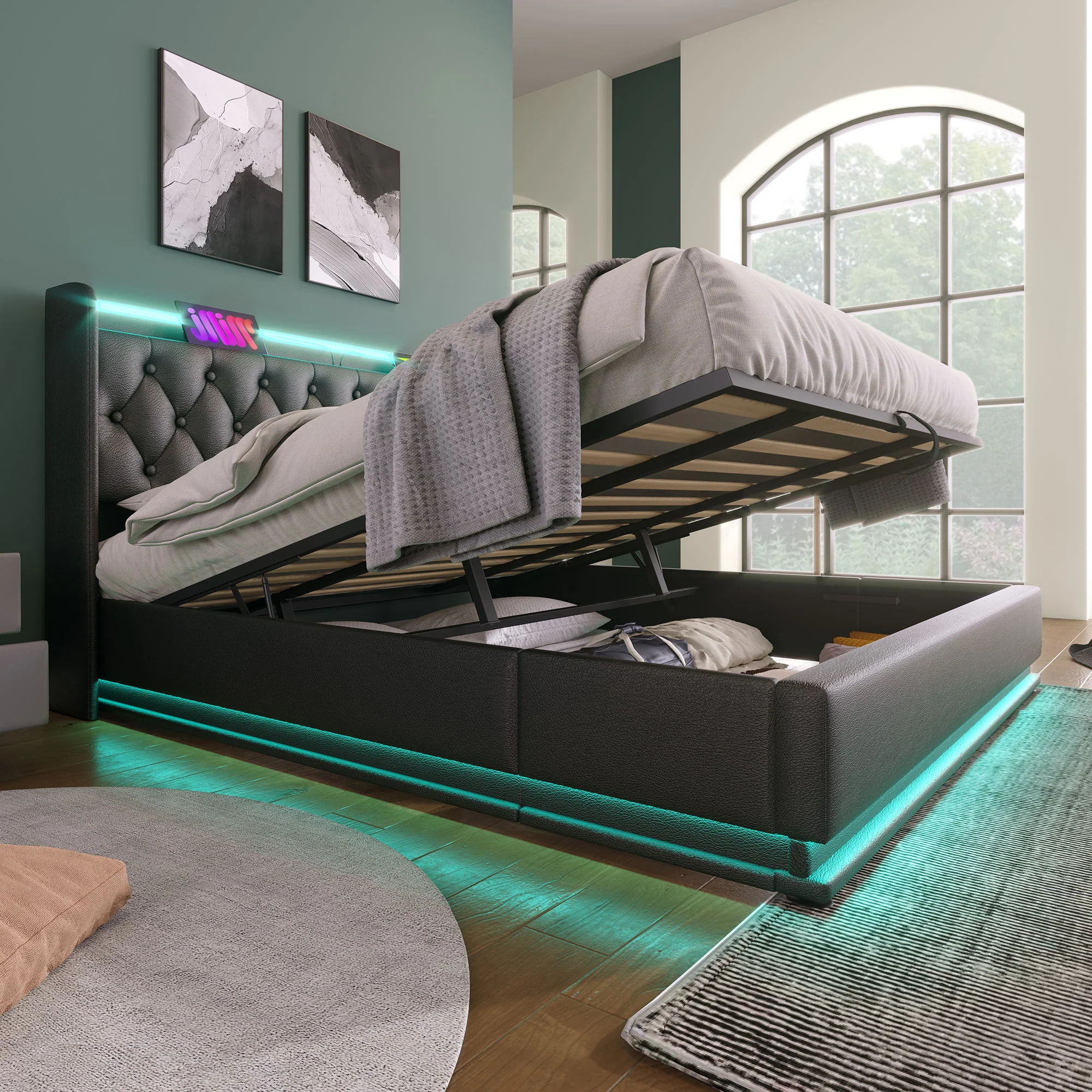 Upholstered Bed, 360 Surround LED Function, Remote Control, Hydraulic Storage Bed With USB, Type-C Charging (Without Mattress) - Image 76
