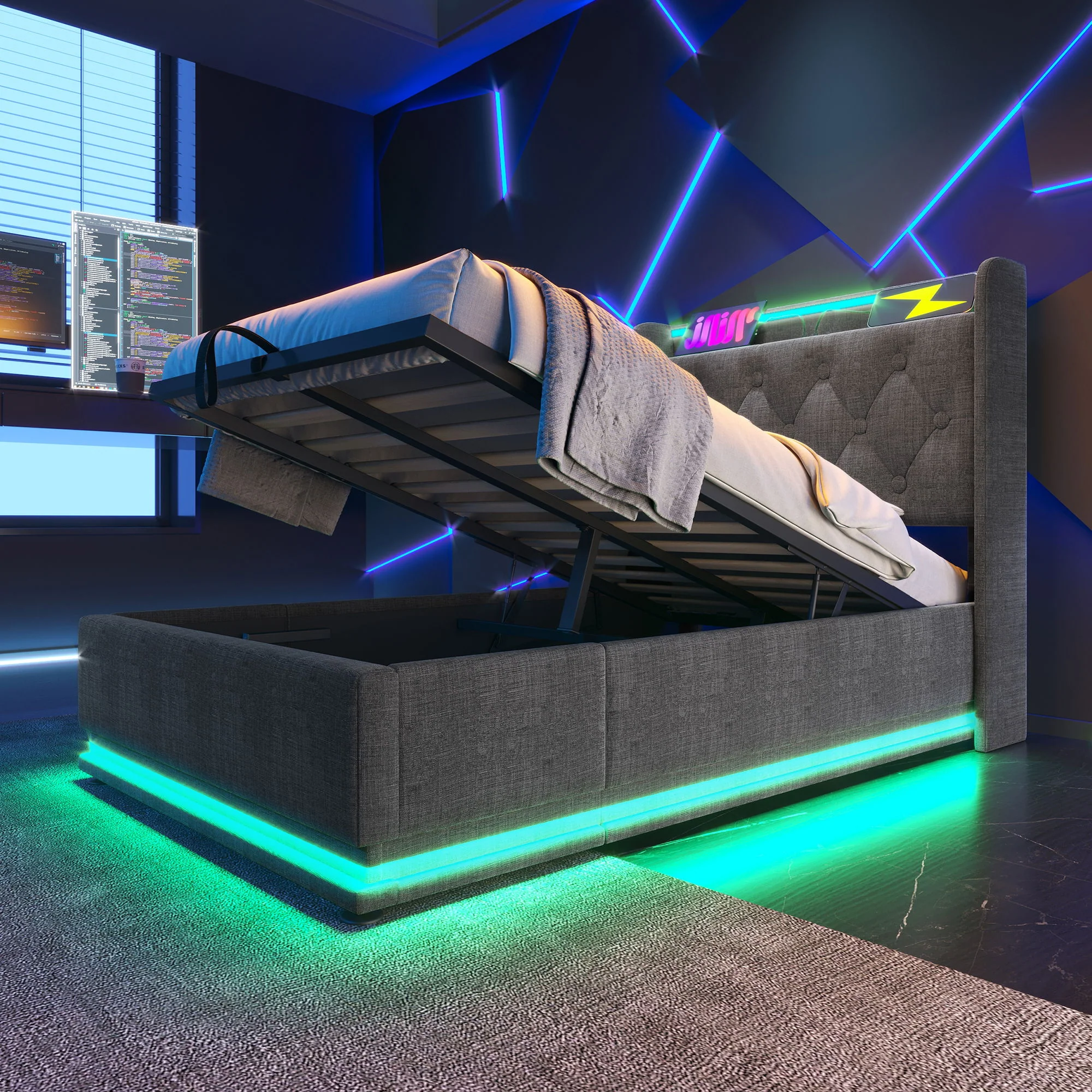 Upholstered Bed, 360 Surround LED Function, Remote Control, Hydraulic Storage Bed With USB, Type-C Charging (Without Mattress) - Image 78