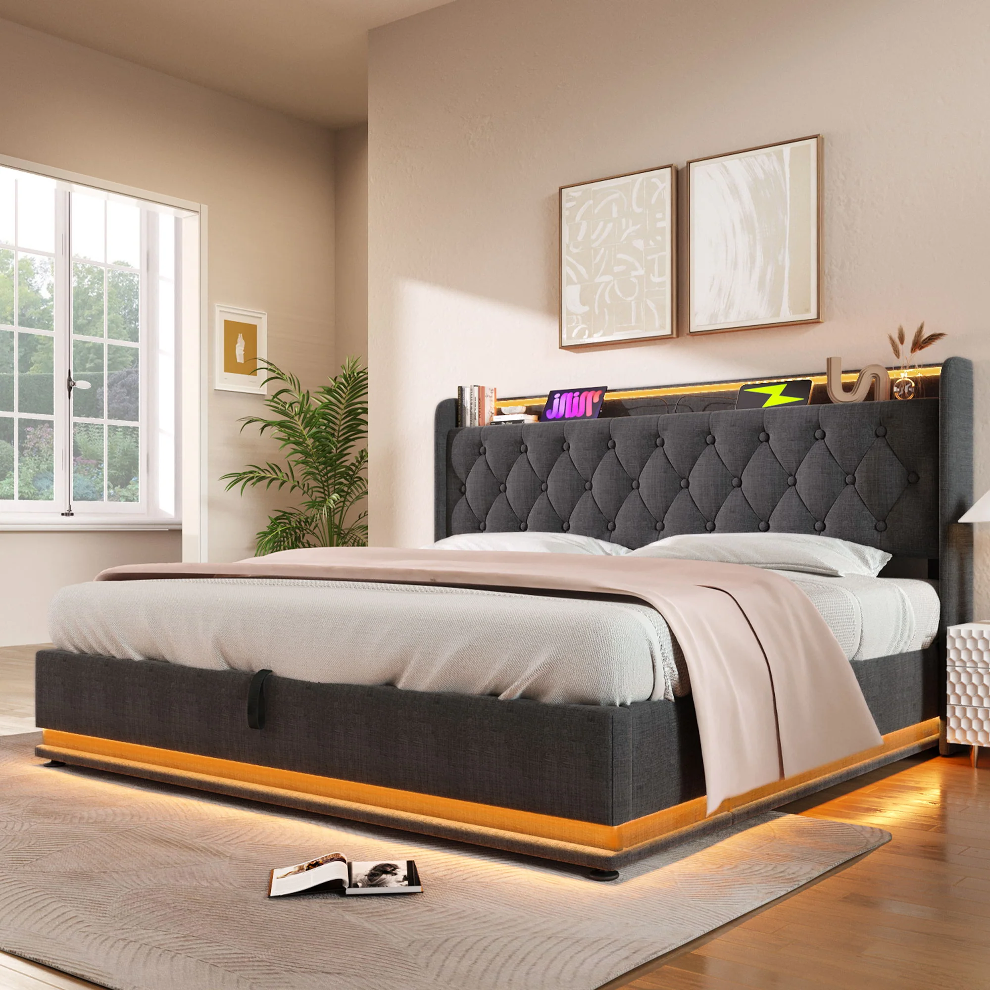 Upholstered Bed, 360 Surround LED Function, Remote Control, Hydraulic Storage Bed With USB, Type-C Charging (Without Mattress) - Image 8