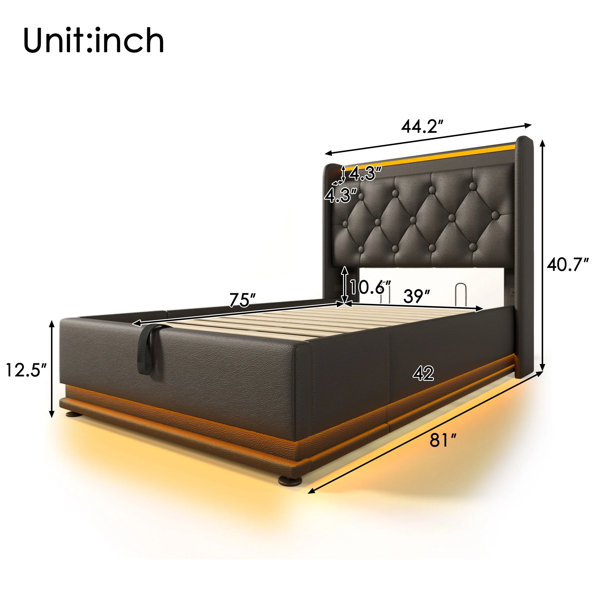 Upholstered Bed, 360 Surround LED Function, Remote Control, Hydraulic Storage Bed With USB, Type-C Charging (Without Mattress) - Image 80