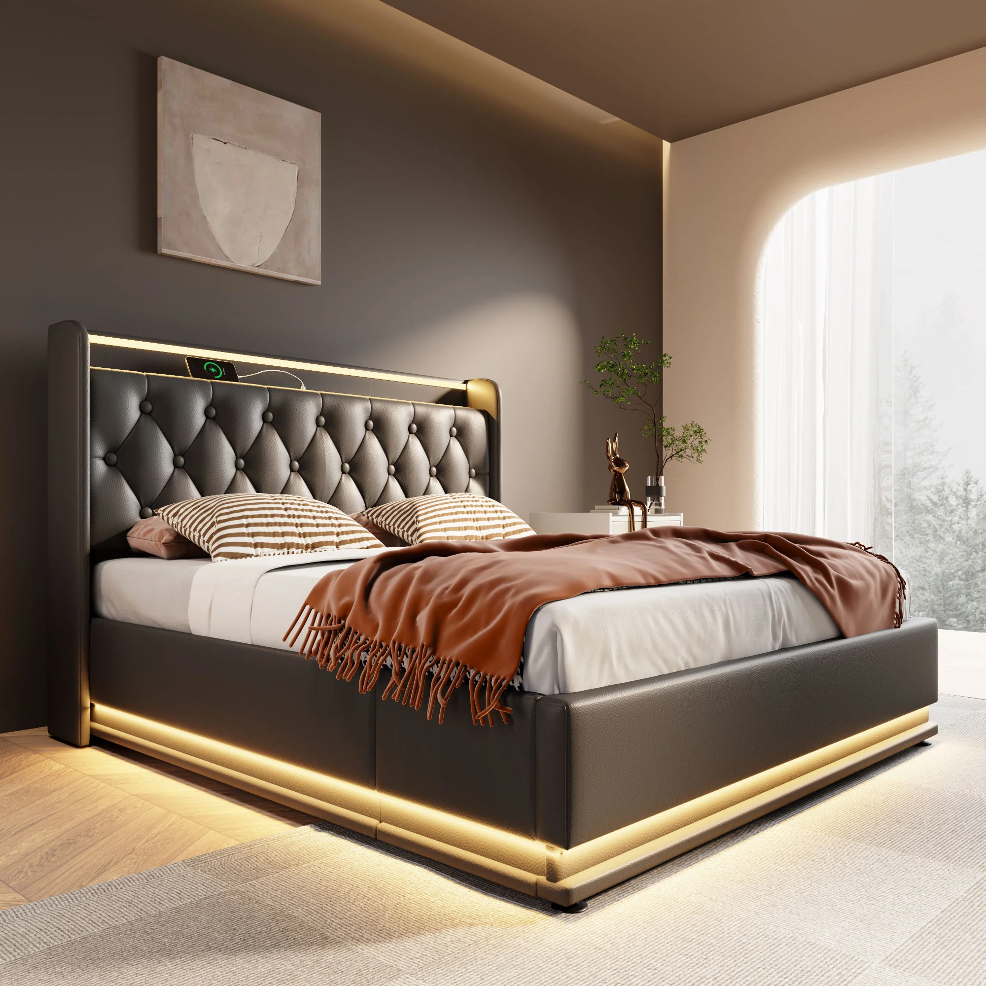 Upholstered Bed, 360 Surround LED Function, Remote Control, Hydraulic Storage Bed With USB, Type-C Charging (Without Mattress) - Image 85