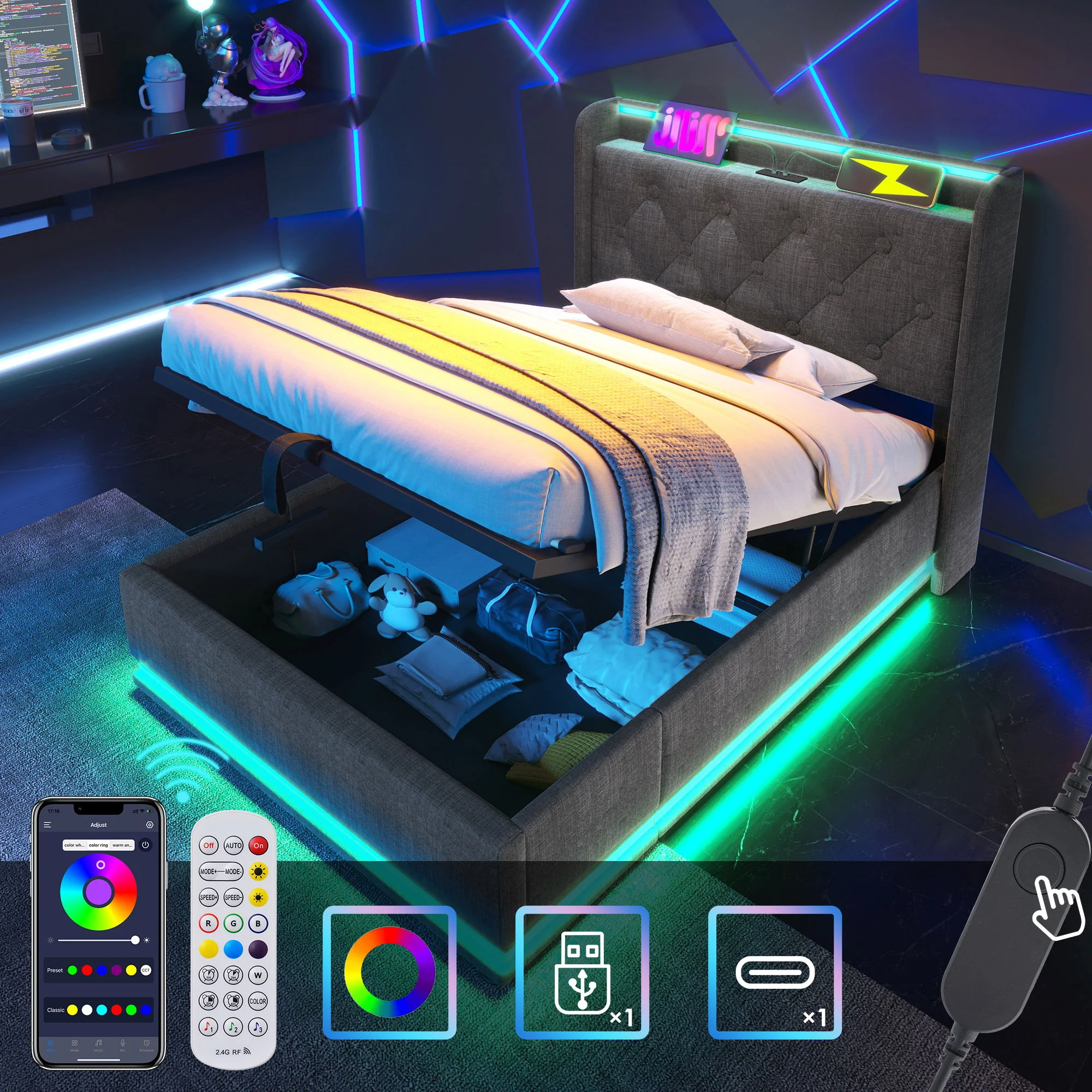 Upholstered Bed, 360 Surround LED Function, Remote Control, Hydraulic Storage Bed With USB, Type-C Charging (Without Mattress) - Image 88