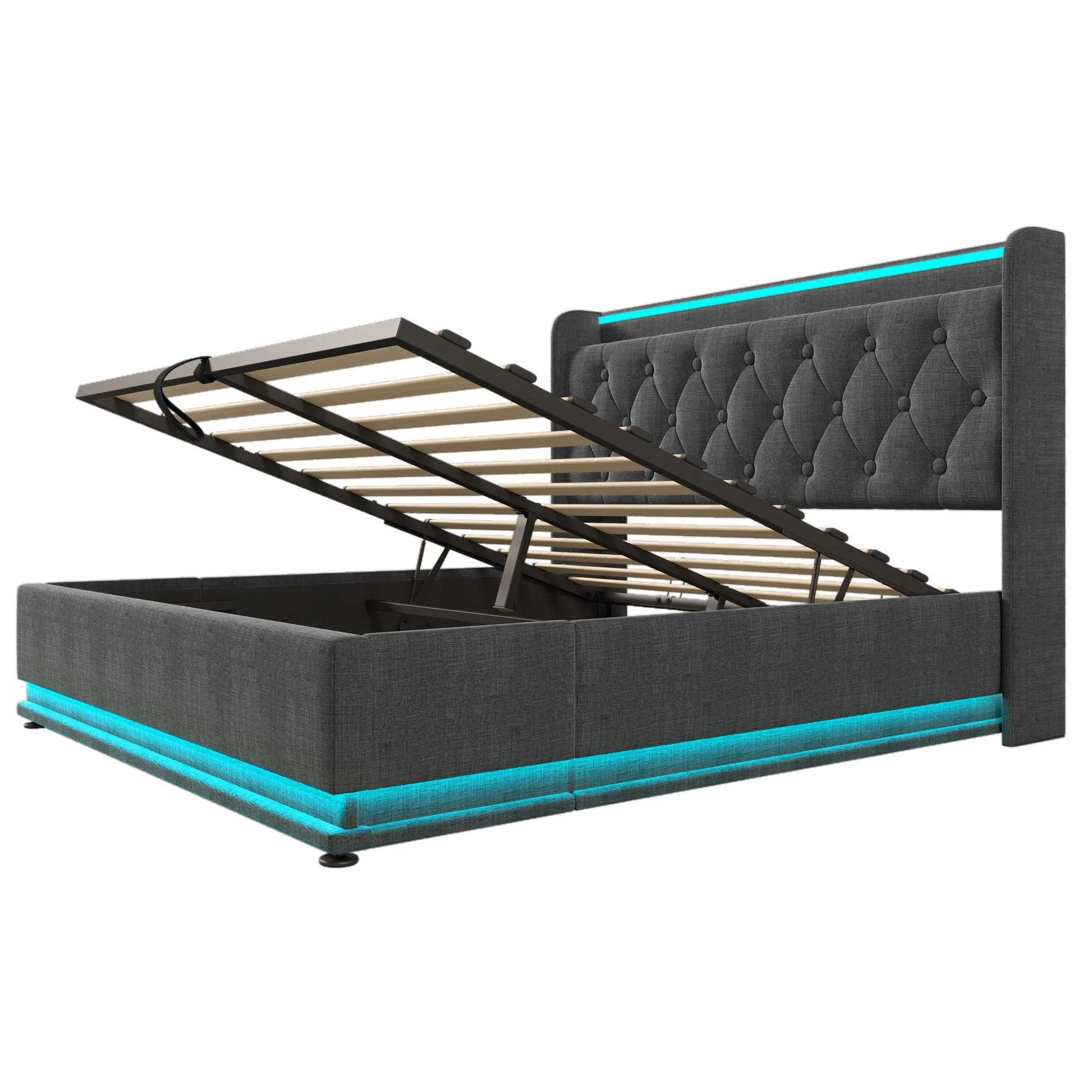 Upholstered Bed, 360 Surround LED Function, Remote Control, Hydraulic Storage Bed With USB, Type-C Charging (Without Mattress) - Image 9