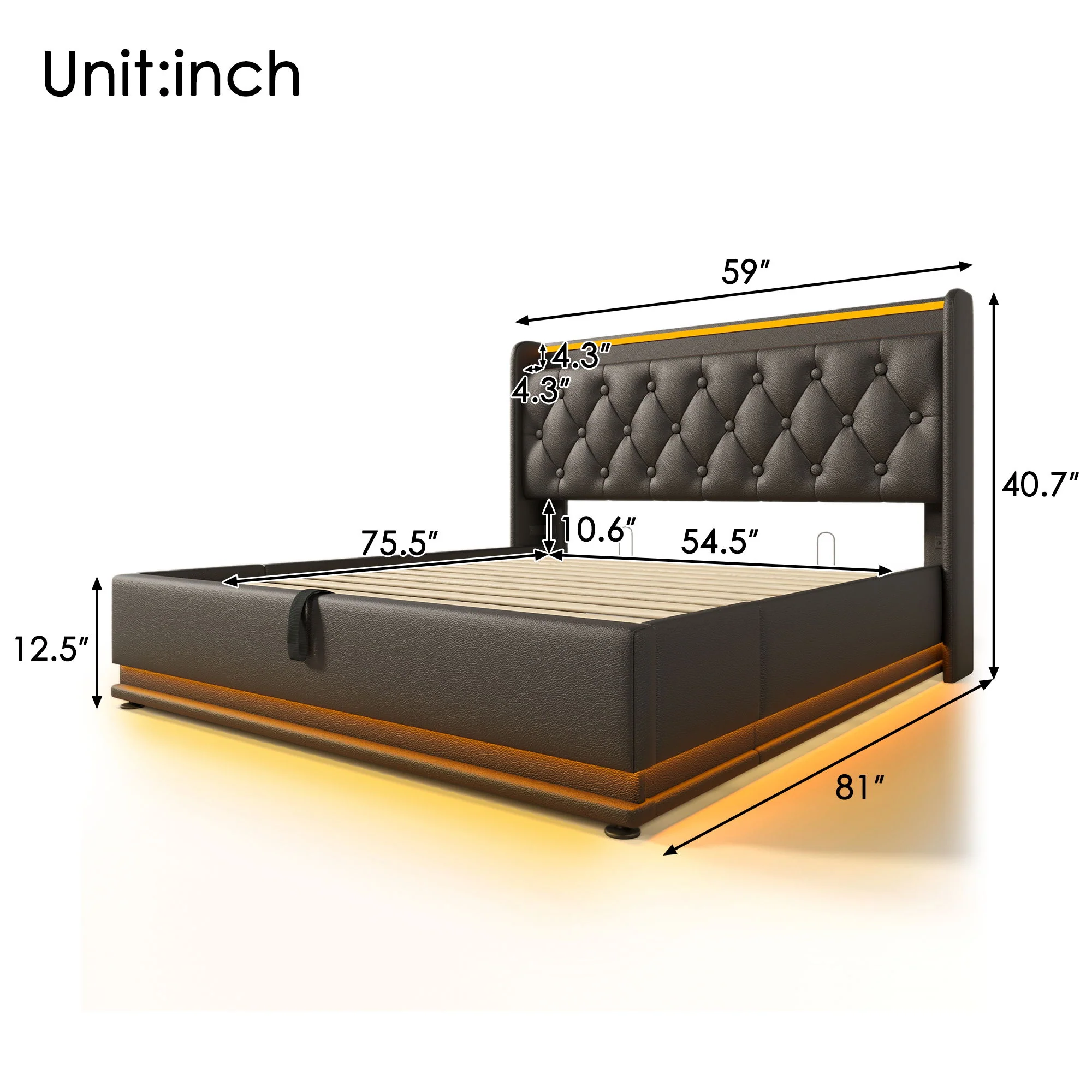 Upholstered Bed, 360 Surround LED Function, Remote Control, Hydraulic Storage Bed With USB, Type-C Charging (Without Mattress) - Image 90